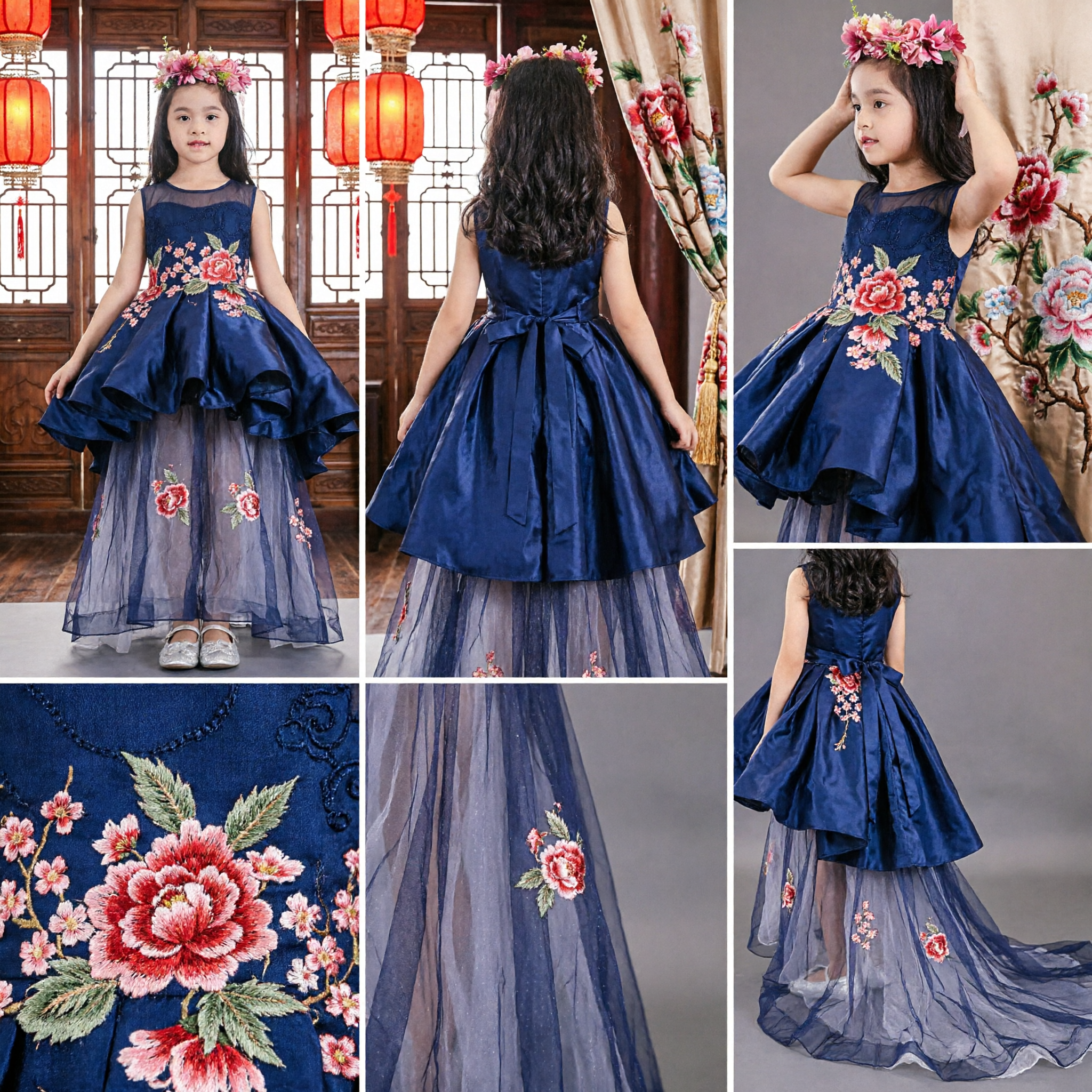 Navy Blue Floral Embroidery Princess High-Low Gown for Girls Flower Girl Wedding Party Dress