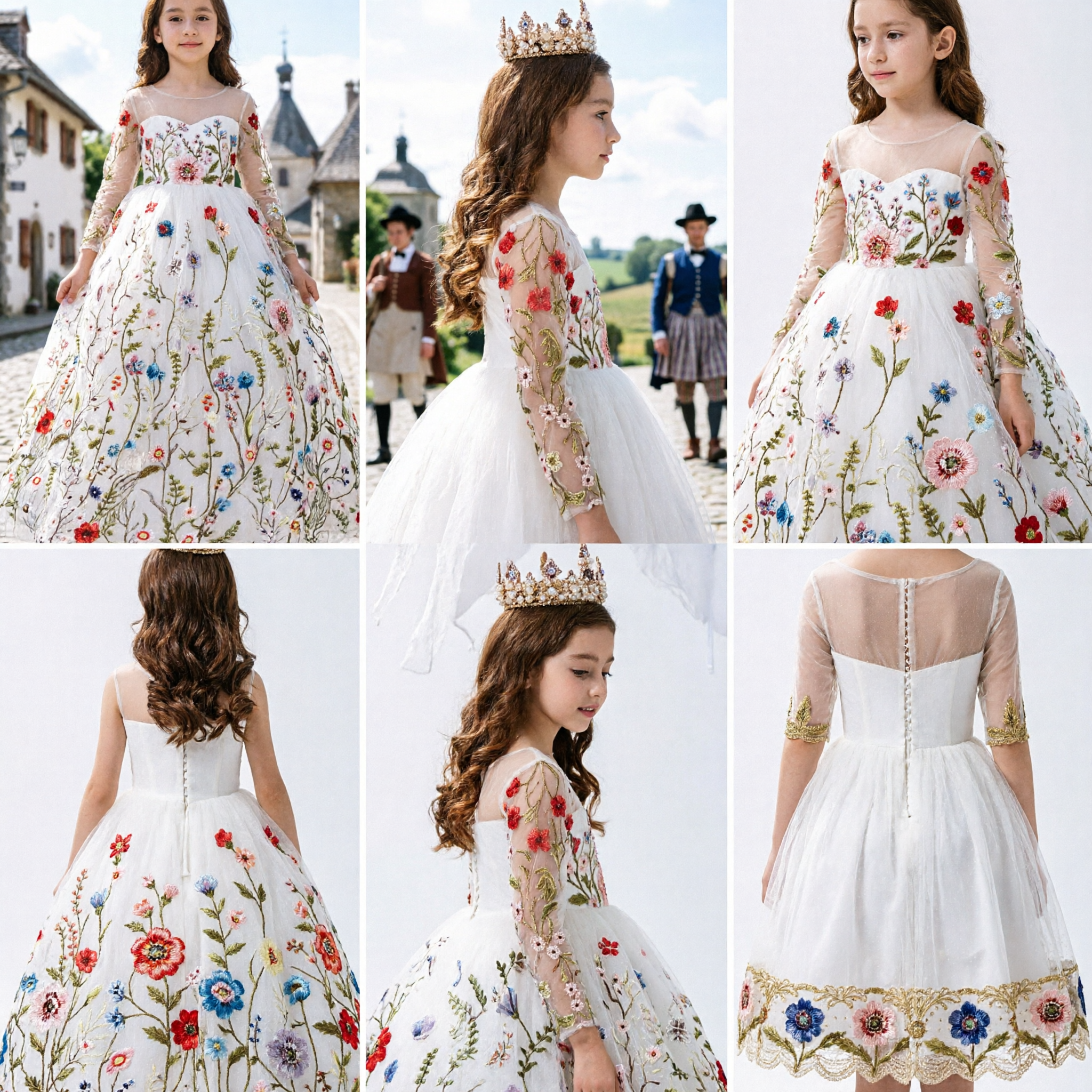 Elegant Girls Floral Embroidery Princess Ballgown Long Sleeve Tulle Wedding Flower Girl Dress for Pageant Party