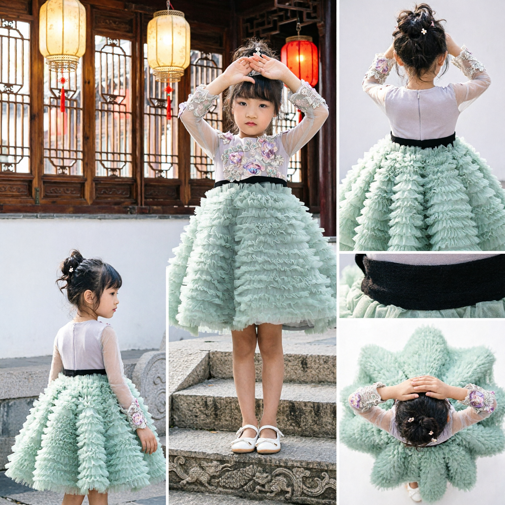 Girls Floral Embroidery Long Sleeve Tulle Princess Dress for Wedding Party Flower Girl Formal Gown