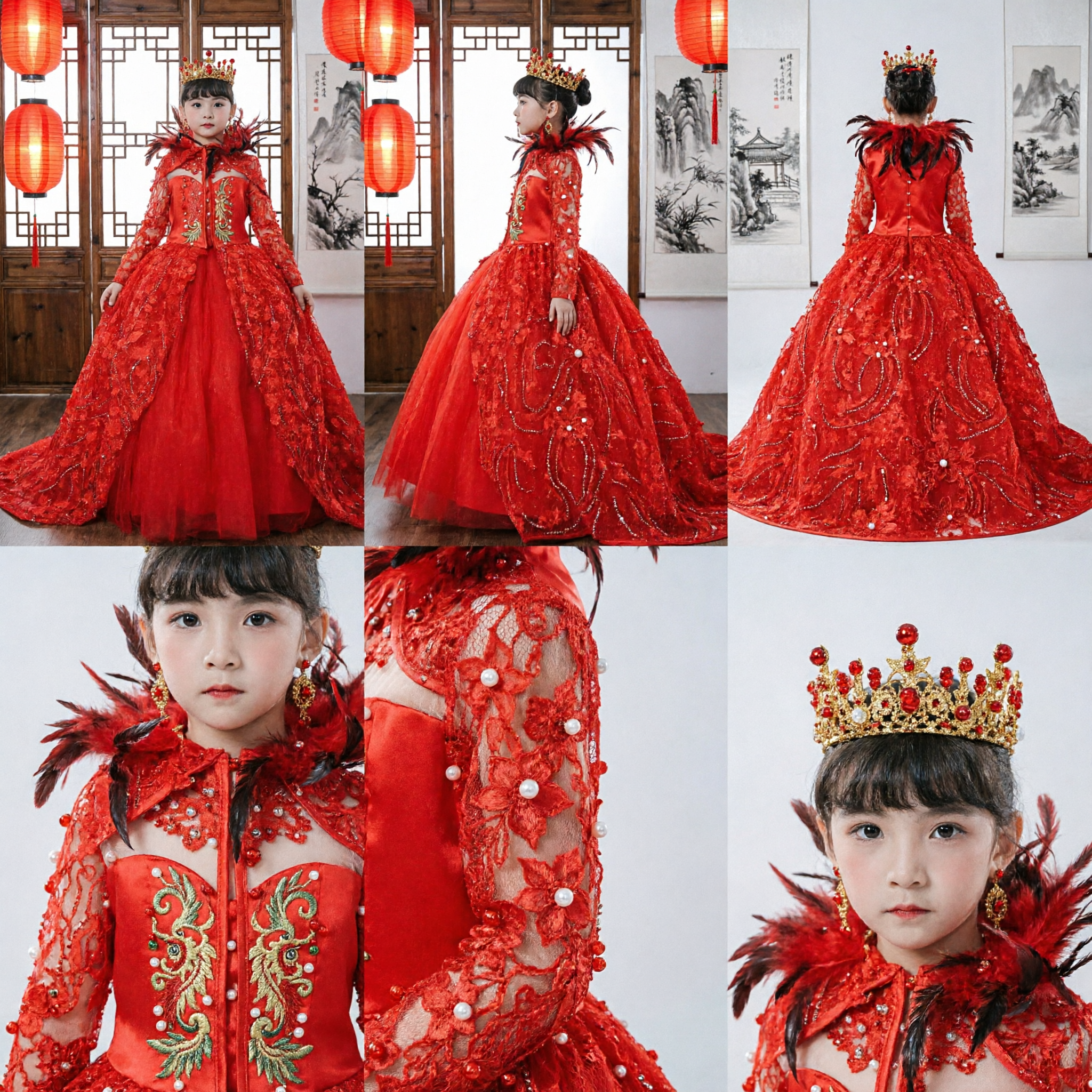 Elegant Red Long Sleeve Ballgown for Girls with Feathers and Train for Flower Girl Pageant