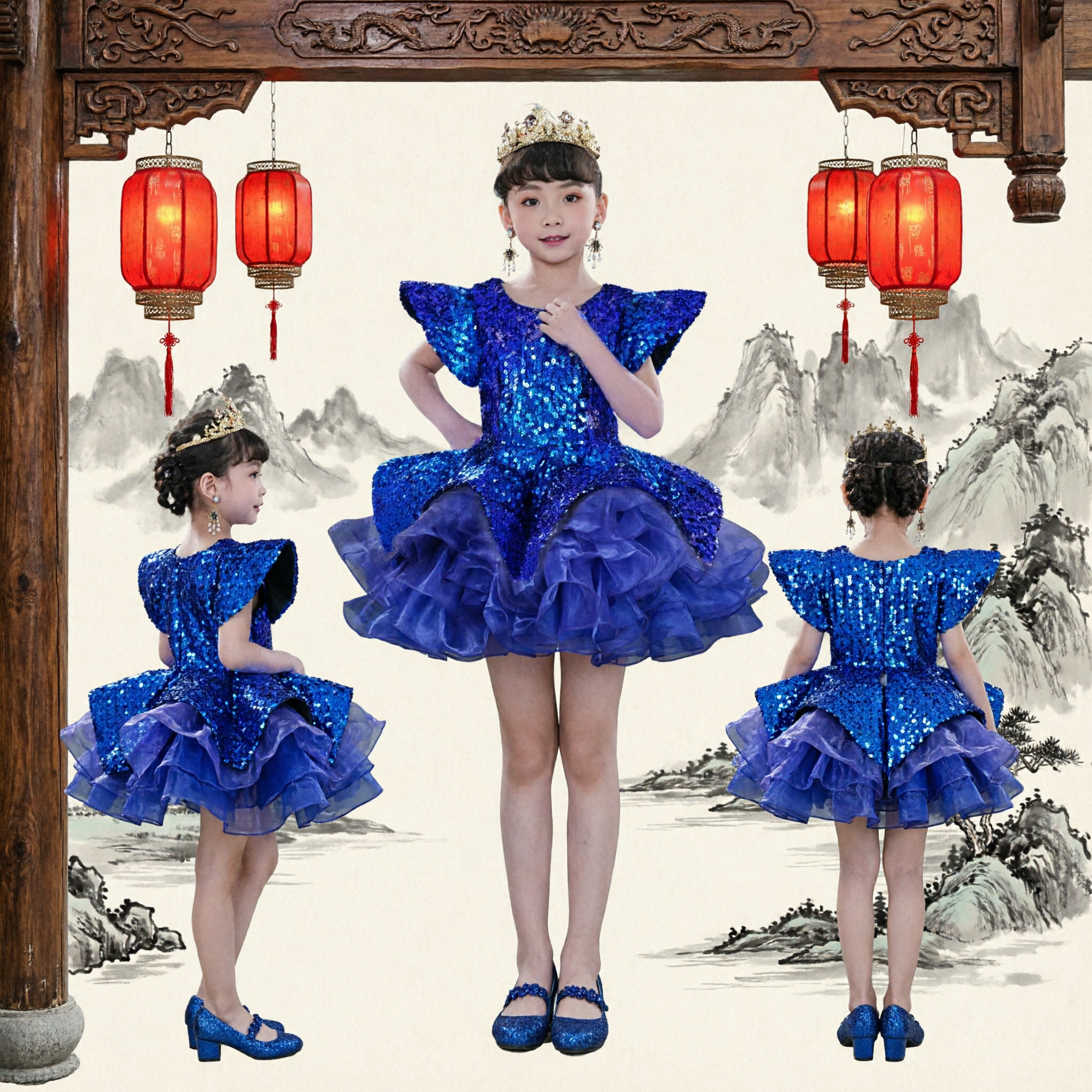 Royal Blue Sequin Stage Performance Dress for Girls Kids Dance Pageant Host Costume Gown