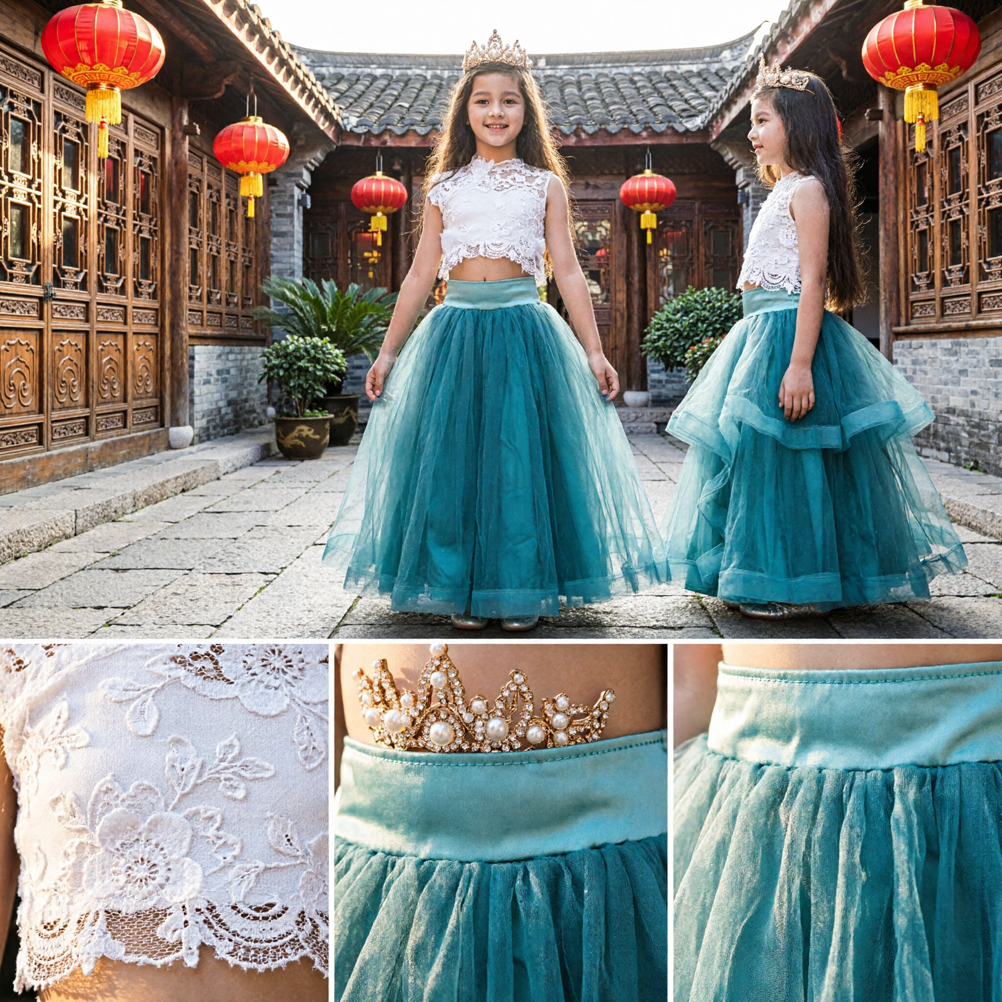 Kids Girls Blue Princess Two Piece Lace Top and Long Tulle Skirt Set for Pageant Flower Girl