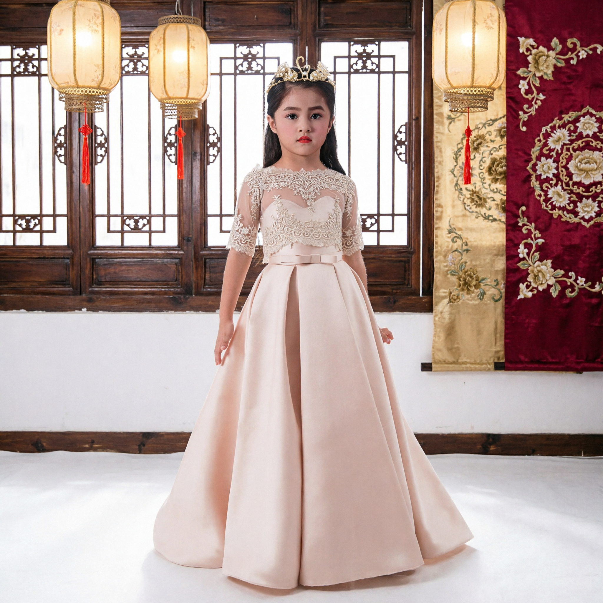 Elegant Blush Pink Flower Girl Dress Long Satin Gown with Lace Bodice for Kids Wedding Pageant