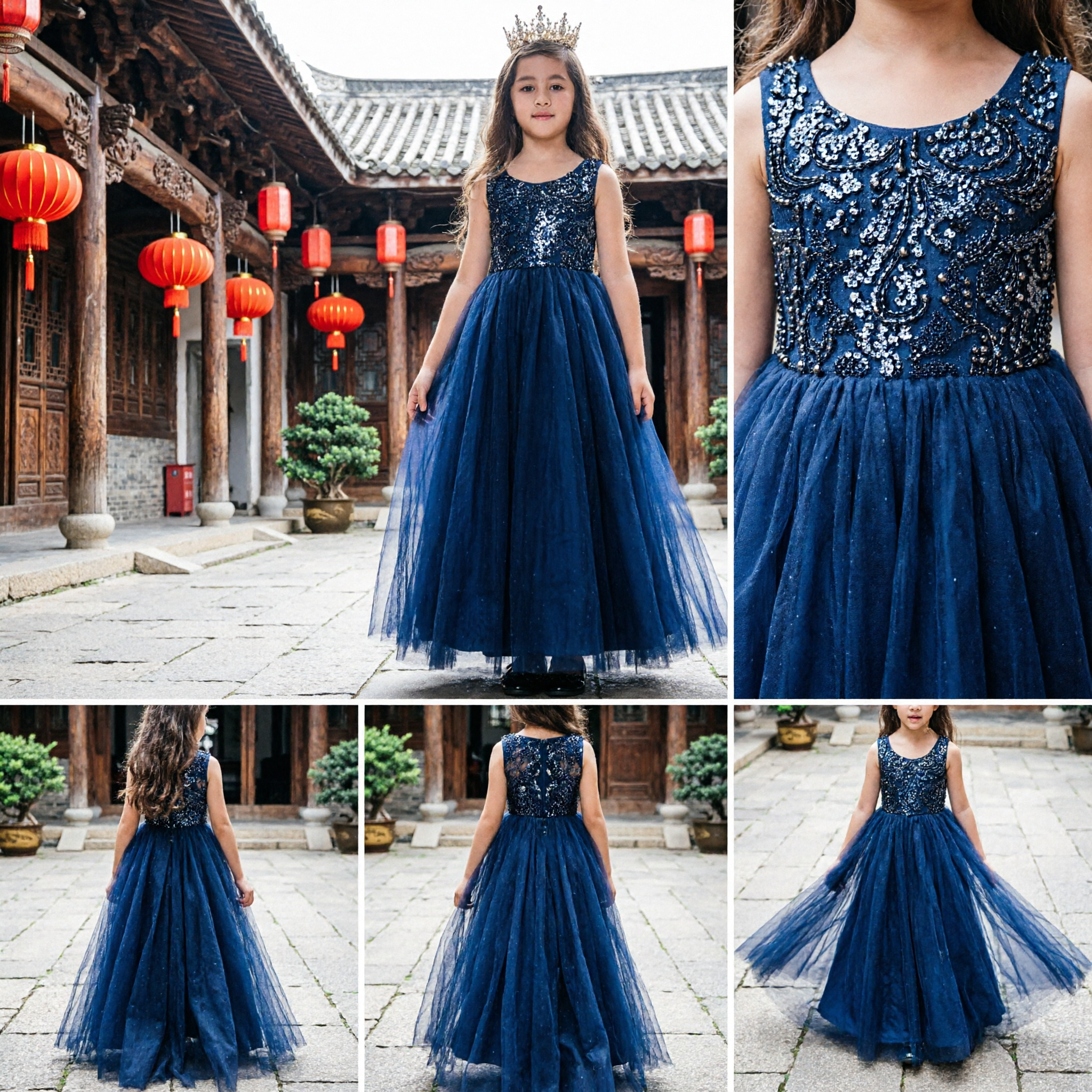 Elegant Navy Blue Girls Formal Gown Sleeveless Sequin Bodice Tulle Skirt Long Dress for Wedding Party