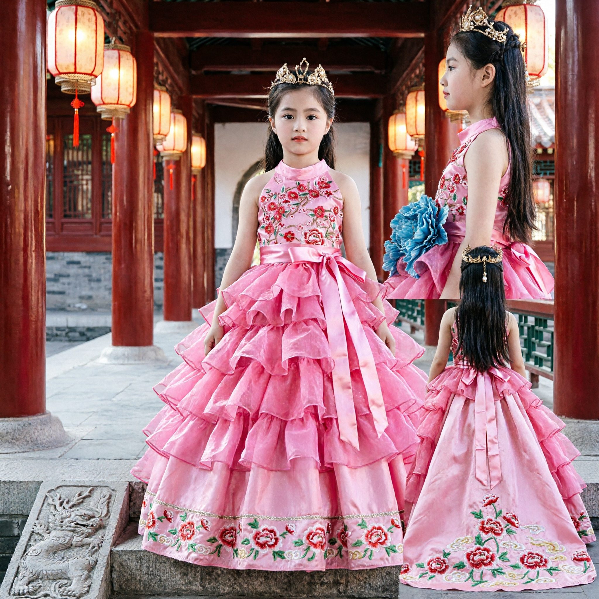 Girls Pink Layered Ruffle Ballgown Dress with Floral Bodice and Crown for Stage Performance