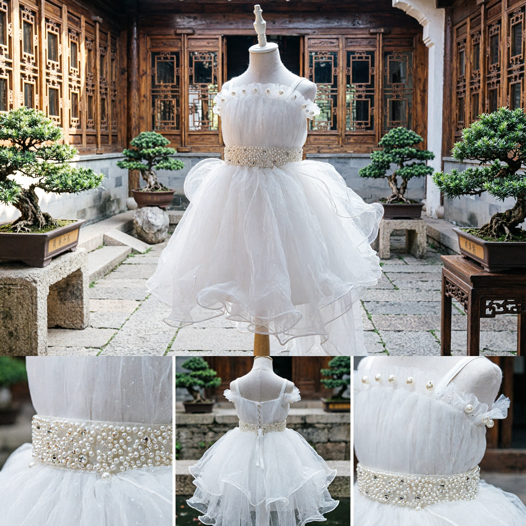 White Pearl Beaded Flower Girl Dress Ruffled Tulle Wedding Party Formal Gown for Kids