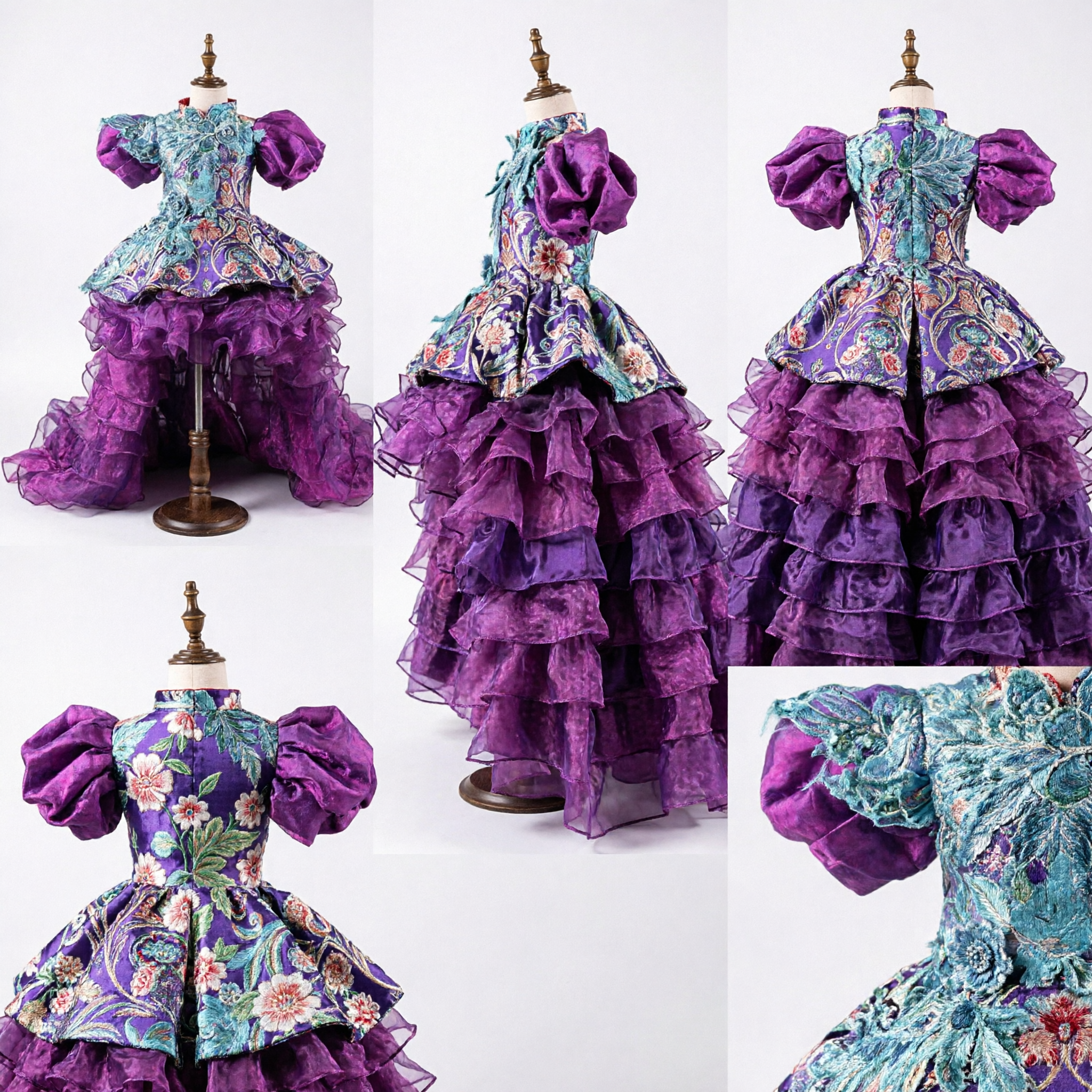 Women's Purple Baroque Rococo Ball Gown Costume with Floral Bodice and Ruffled Skirt for Stage Performance