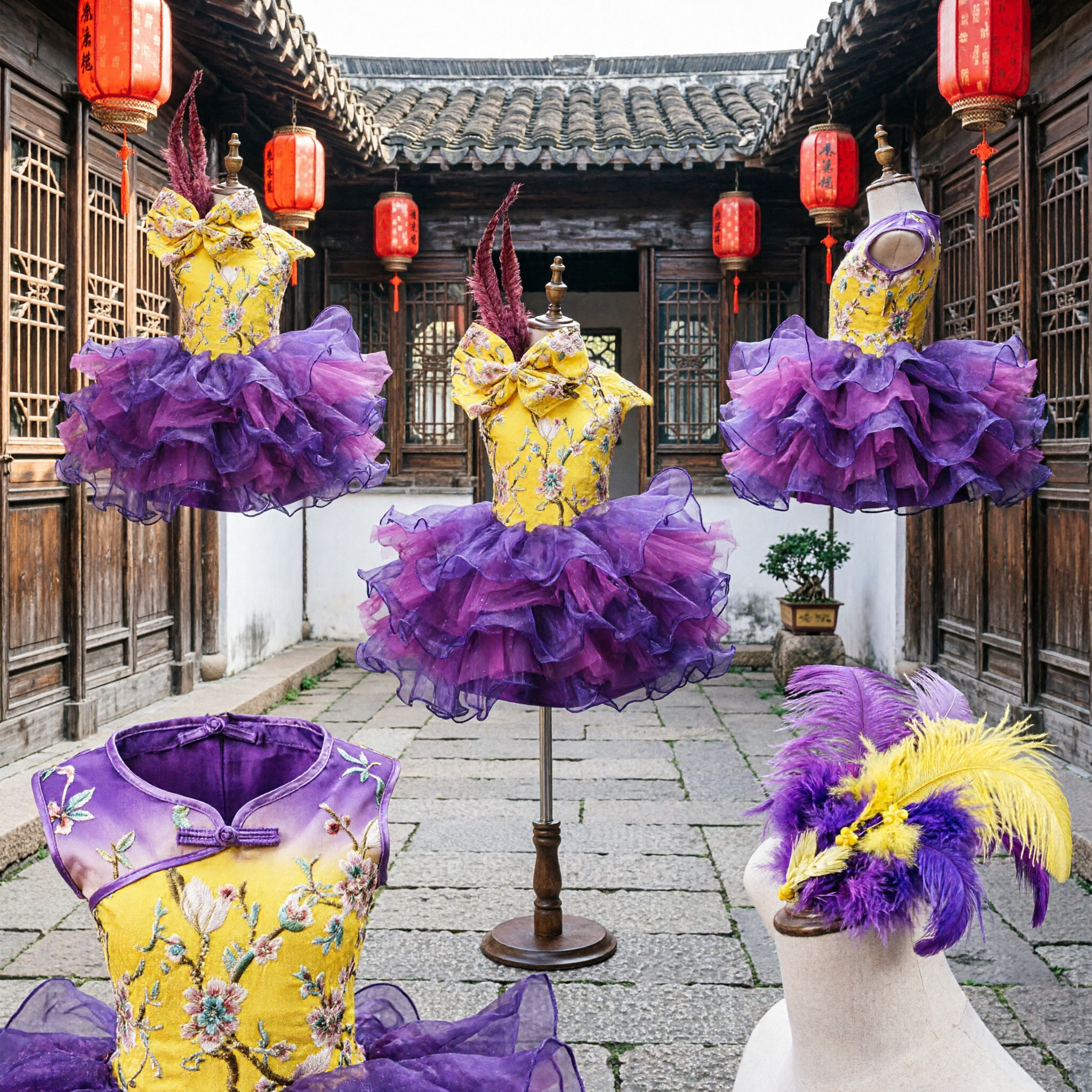 Kids Girls Yellow Floral Latin Dance Dress with Purple Ruffle Skirt for Stage Performance and Carnival