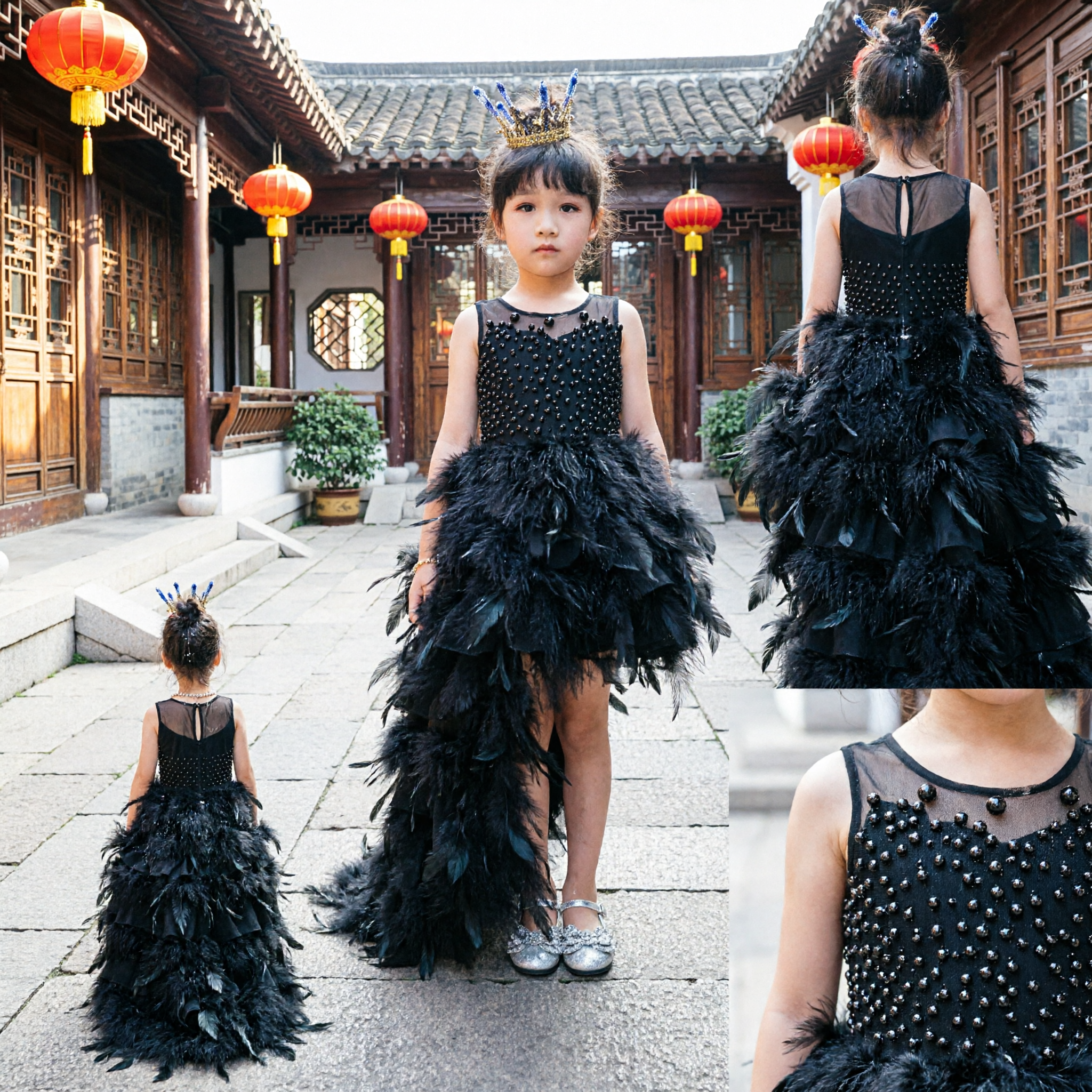 Kids Girls Black Polka Dot Tulle Party Dress Formal Pageant Gown with Crown Princess Costume