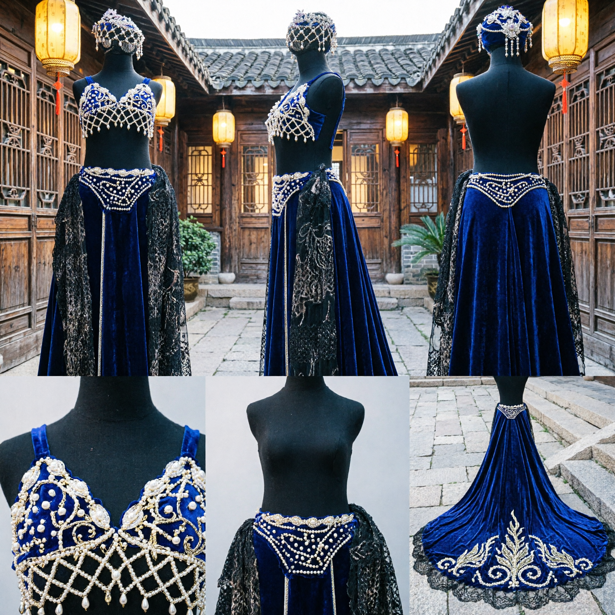 Women's Black Rhinestone Belly Dance Costume with Net Headpiece and Sparkly Sheer Train Skirt for Stage Performance