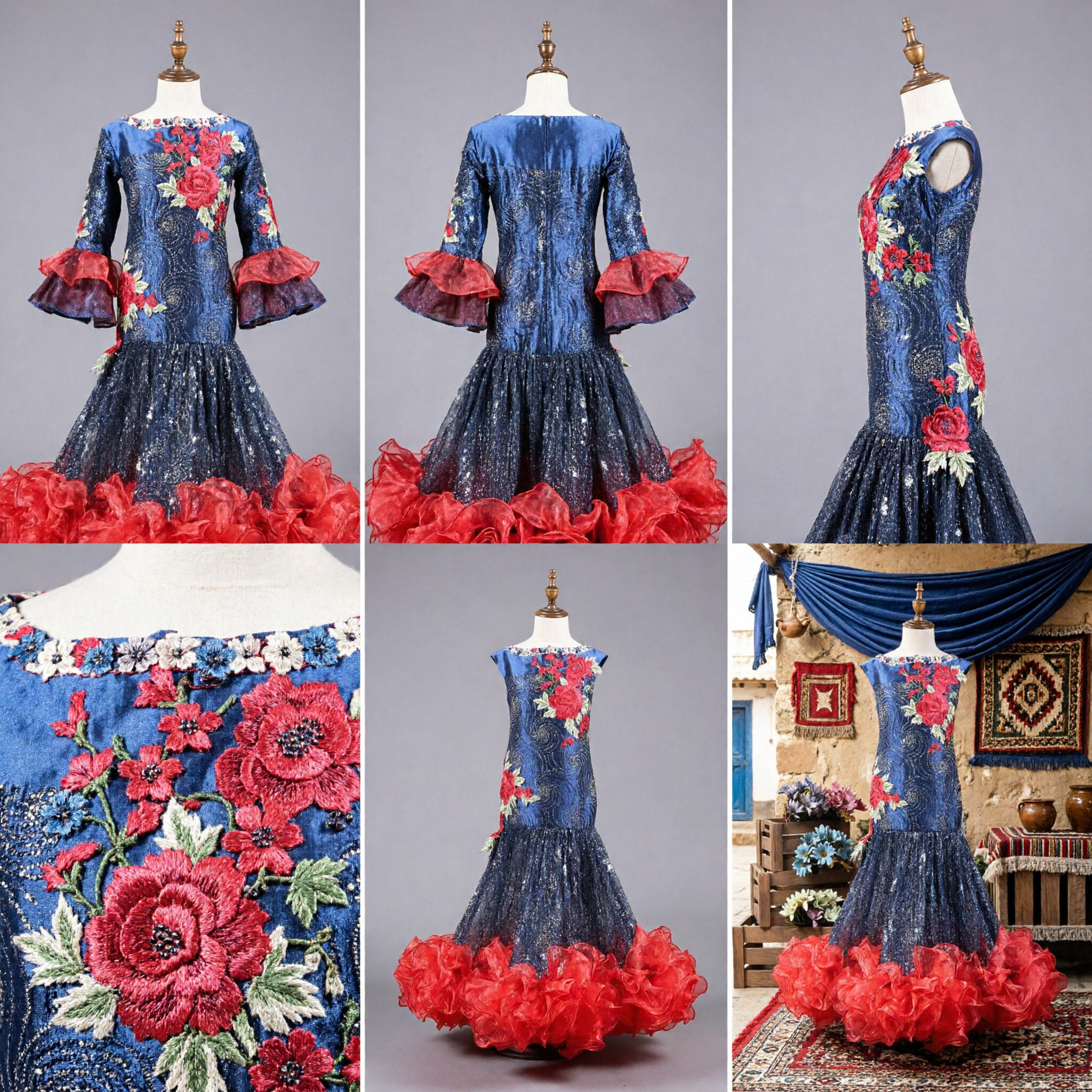 Traditional Spanish Flamenco Dress Blue Floral Print Red Ruffled Hem Dance Performance Costume