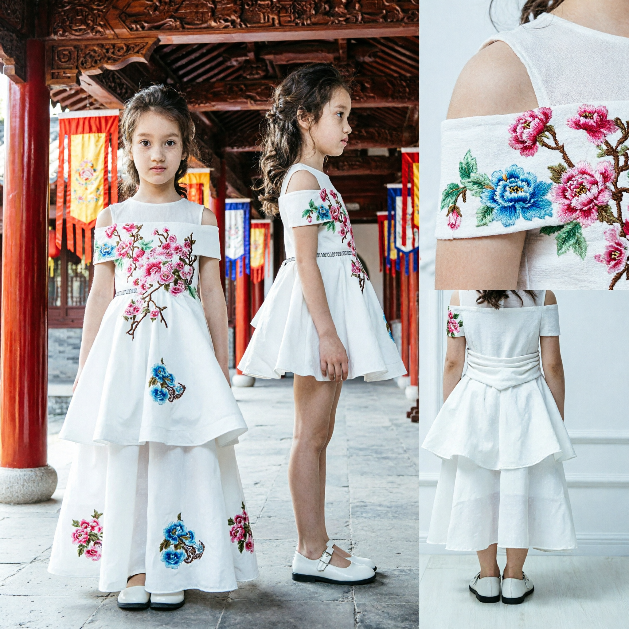 Girls White Off-Shoulder Floral Embroidery Dress Traditional Chinese Style Formal Party Performance Gown for Kids