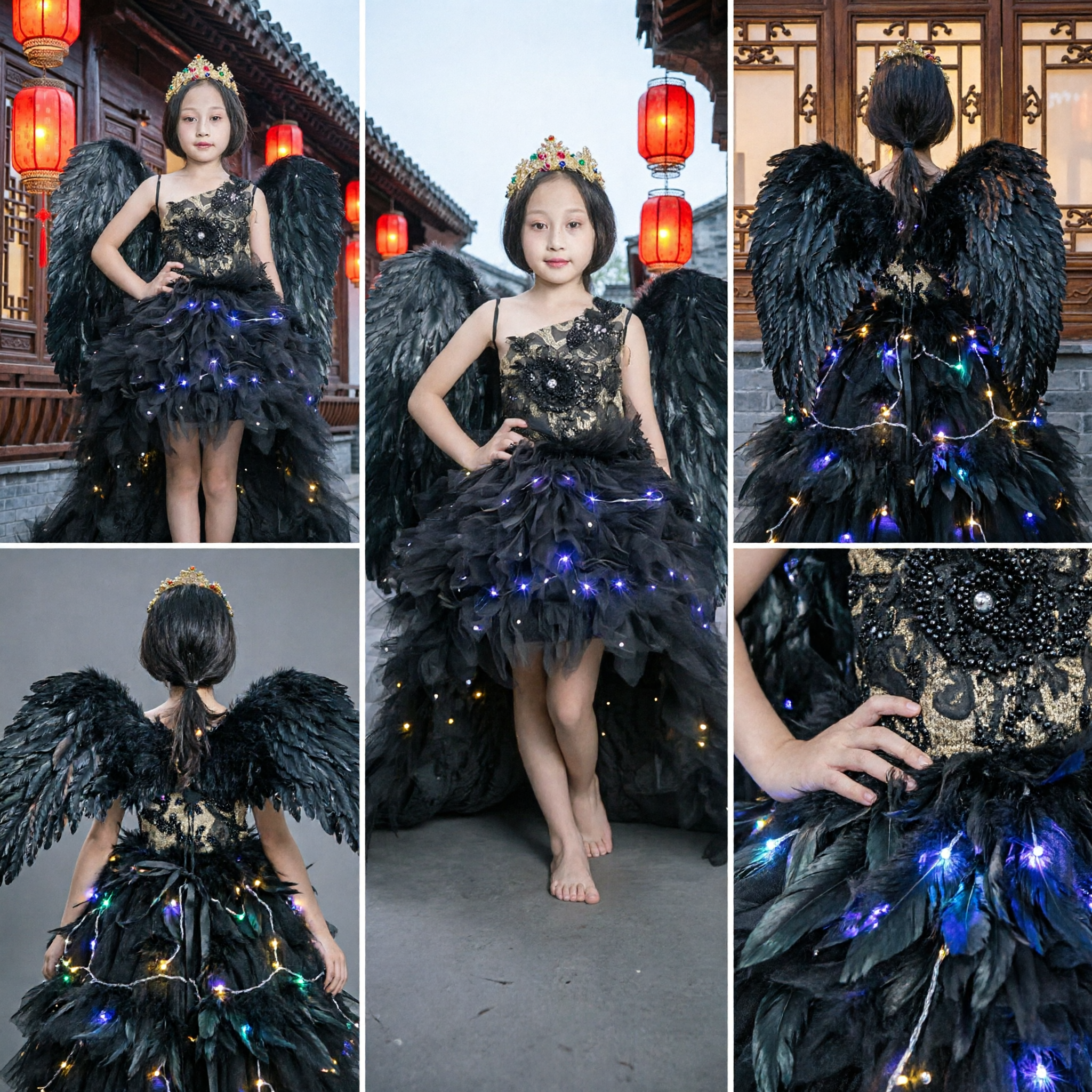 Girls Black Feather Angel Wings Costume LED Light Up Tutu Dress for Kids Halloween Stage Performance