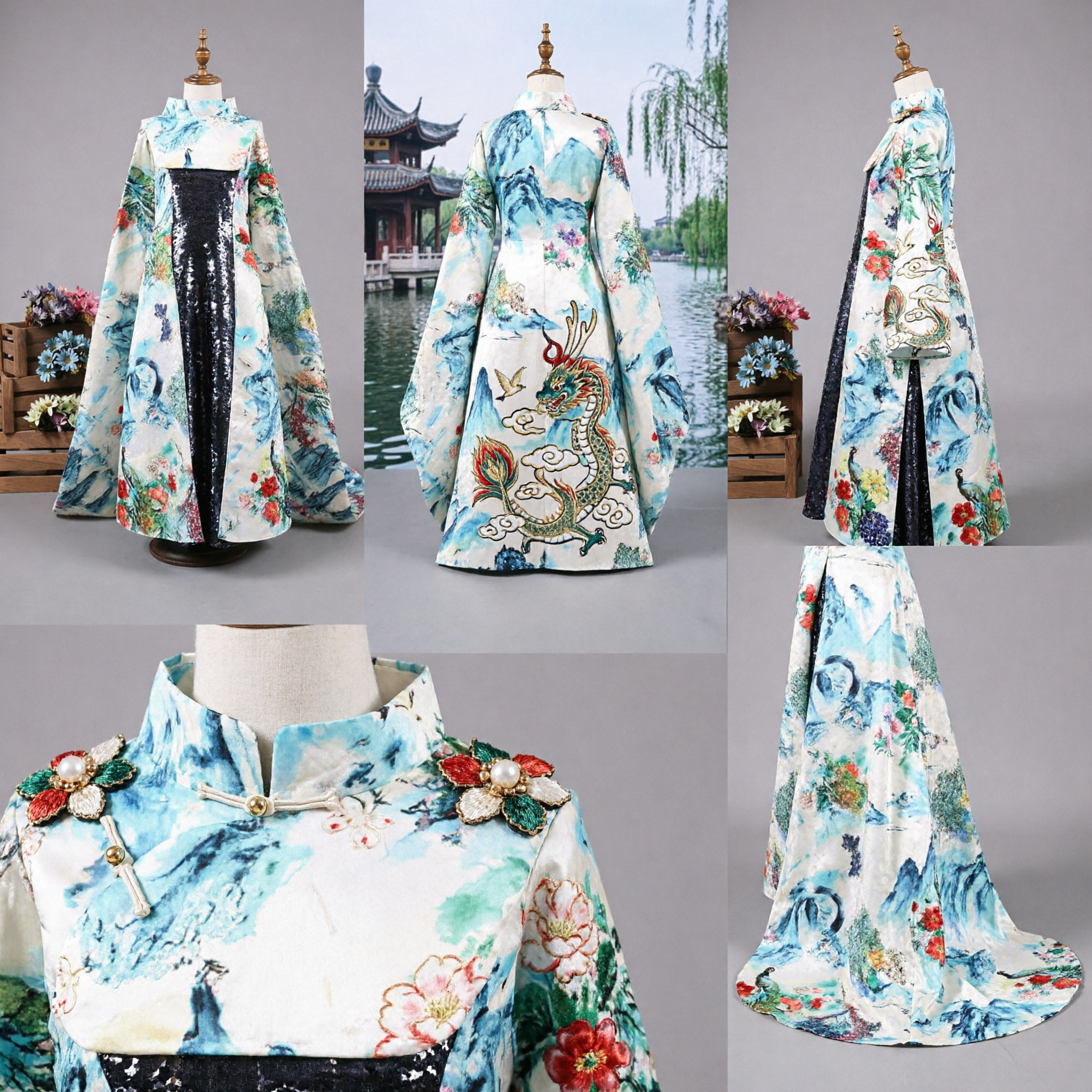 Women's Ancient Chinese Fairy Costume Traditional Landscape Print Cape Dress for Stage Performance and Cosplay
