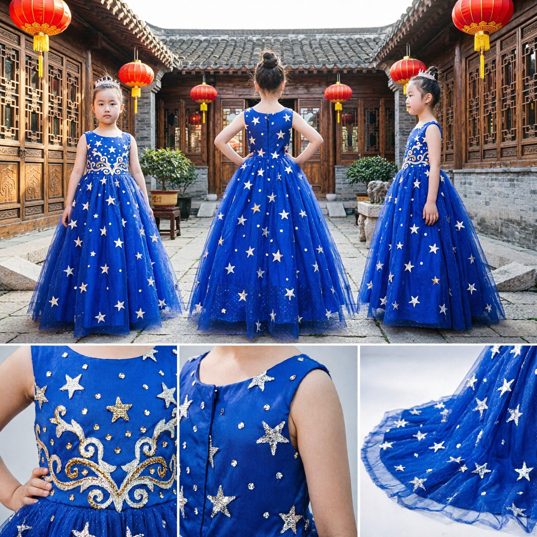 Sparkly Royal Blue Star Print Kids Pageant Dress Girls Formal Evening Gown Runway Ballgown