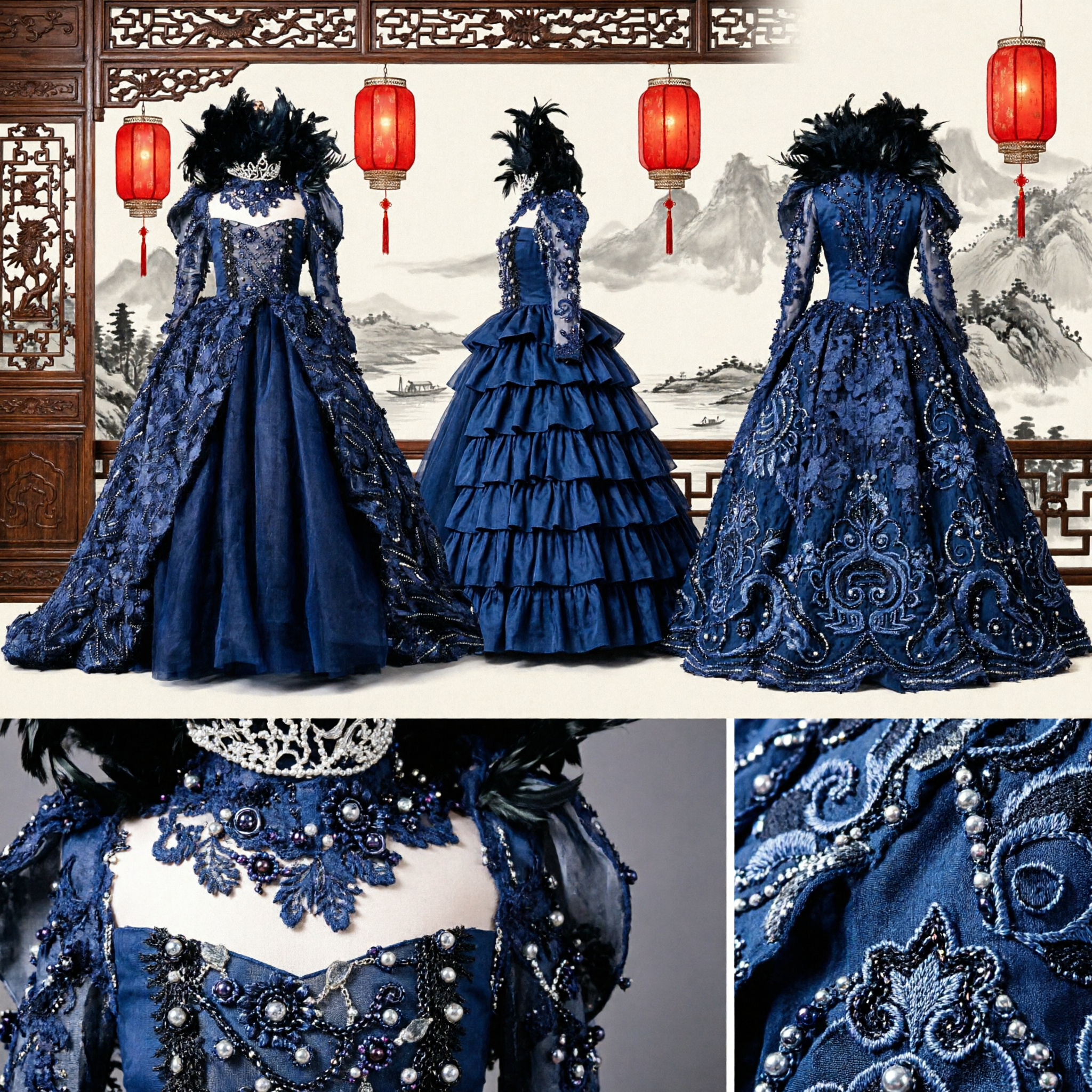 Dark Blue Victorian Gothic Ballgown with Lace and Sequins for Women's Cosplay and Stage Performance