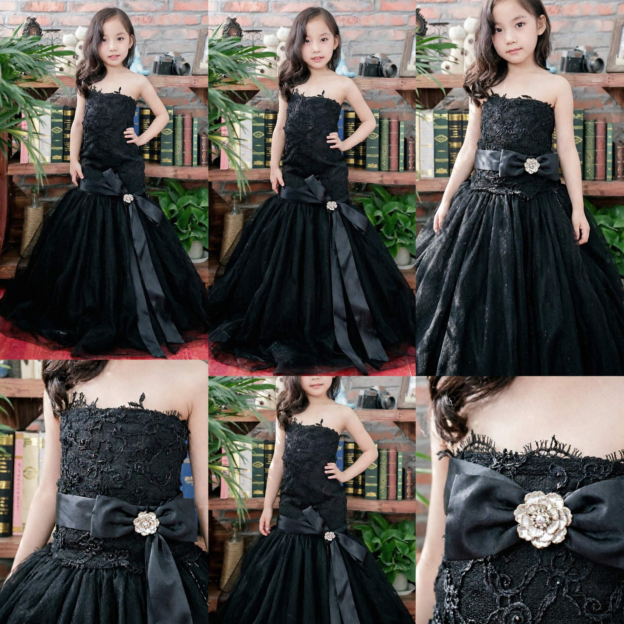 Elegant Black Lace Strapless Mermaid Evening Gown for Girls Formal Wedding Pageant Party Dress