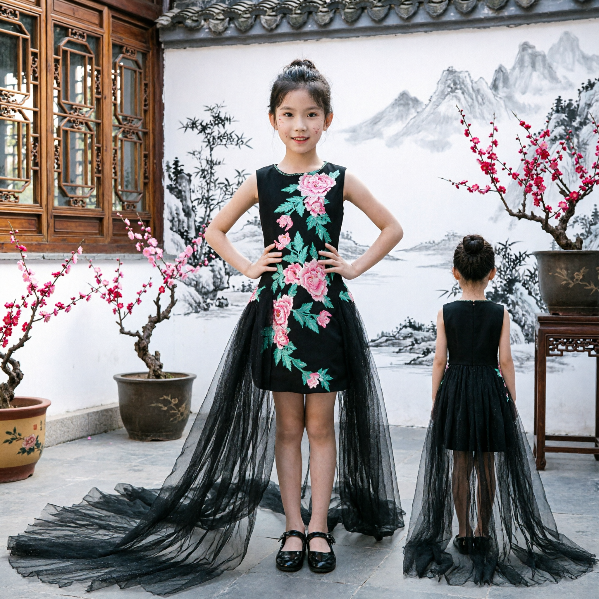 Girls Black Floral Embroidered Long Gown with Tulle Train for Stage Host and Formal Evening Wear