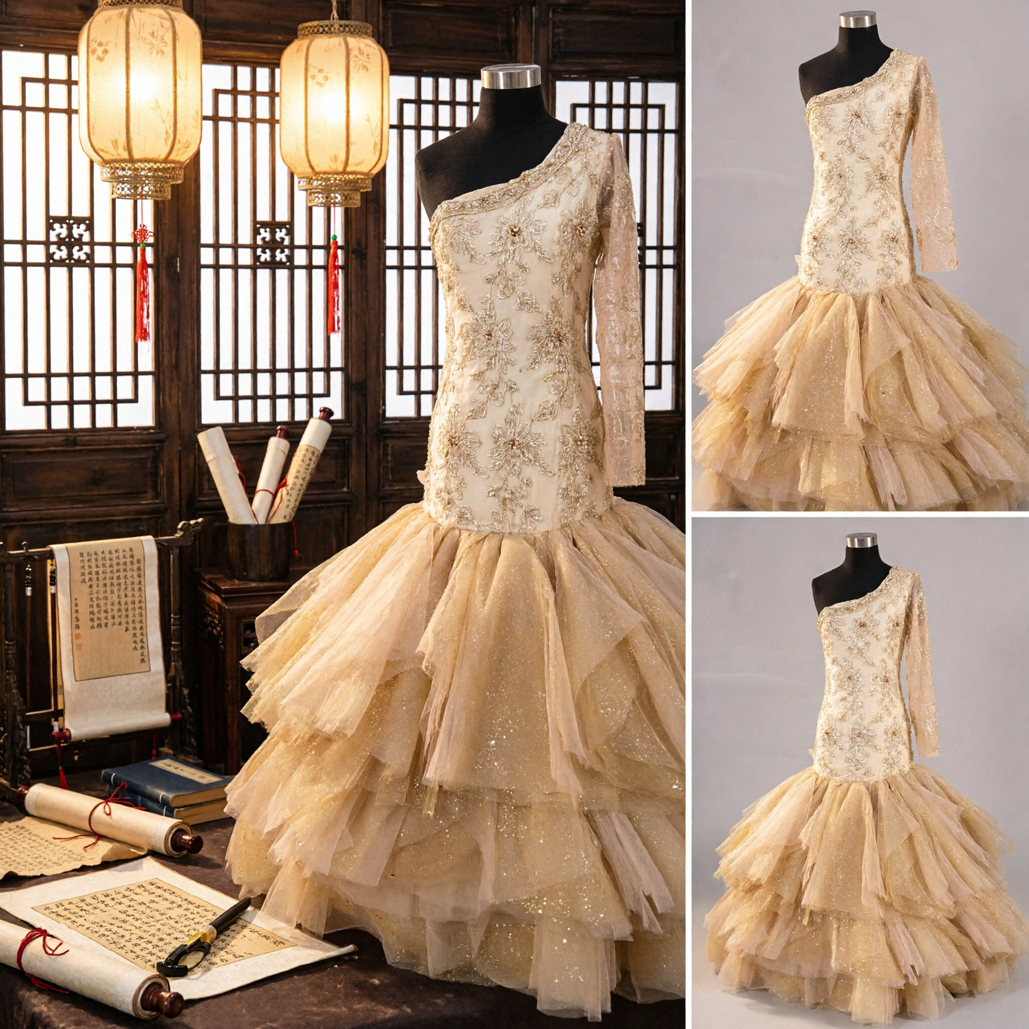 Gold One-Shoulder Mermaid Gown with Floral Embroidery and Tiered Tulle Skirt for Latin Dance Performance