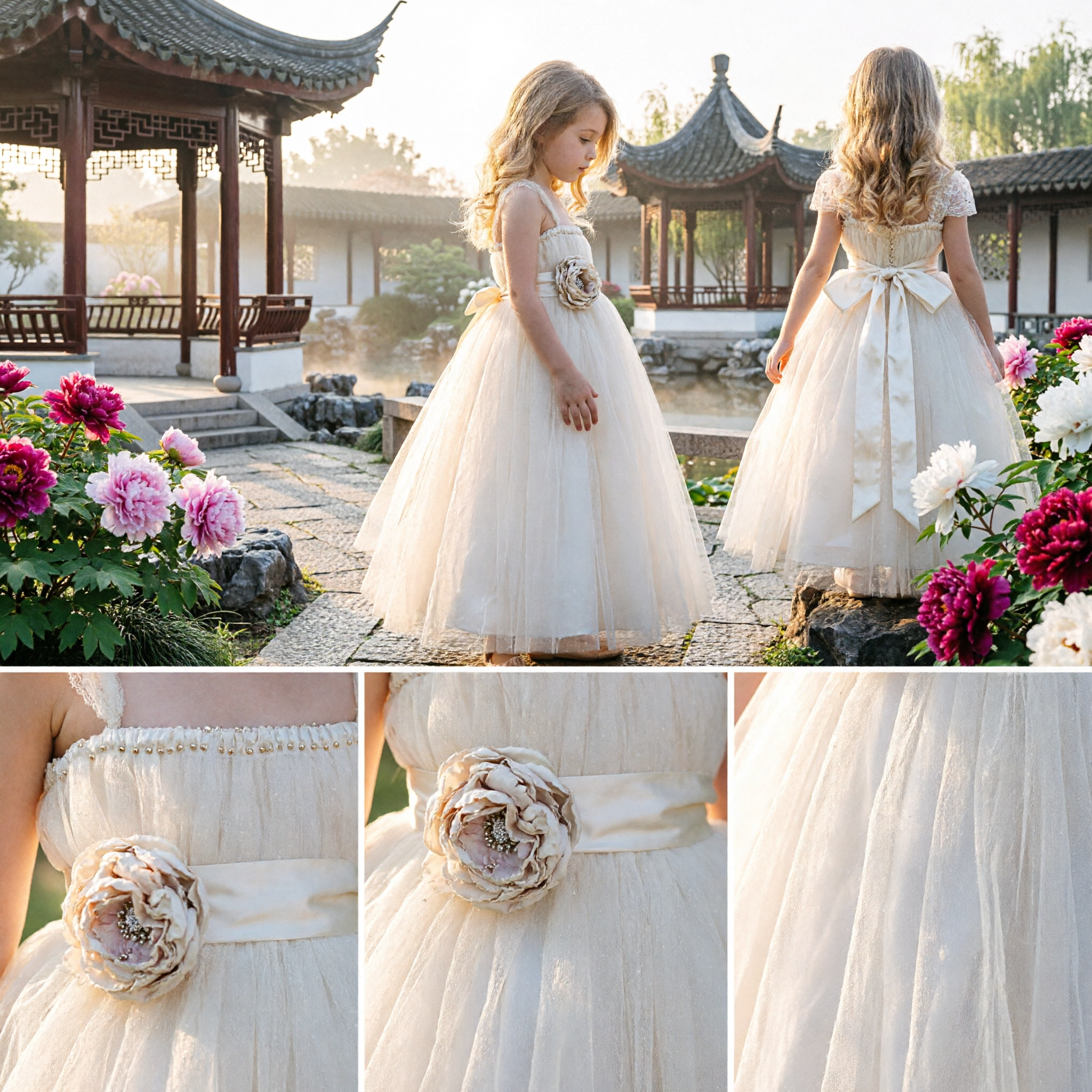 Elegant Cream Sleeveless Flower Girl Dress for Wedding Kids Formal Tulle Ballgown with Floral Sash