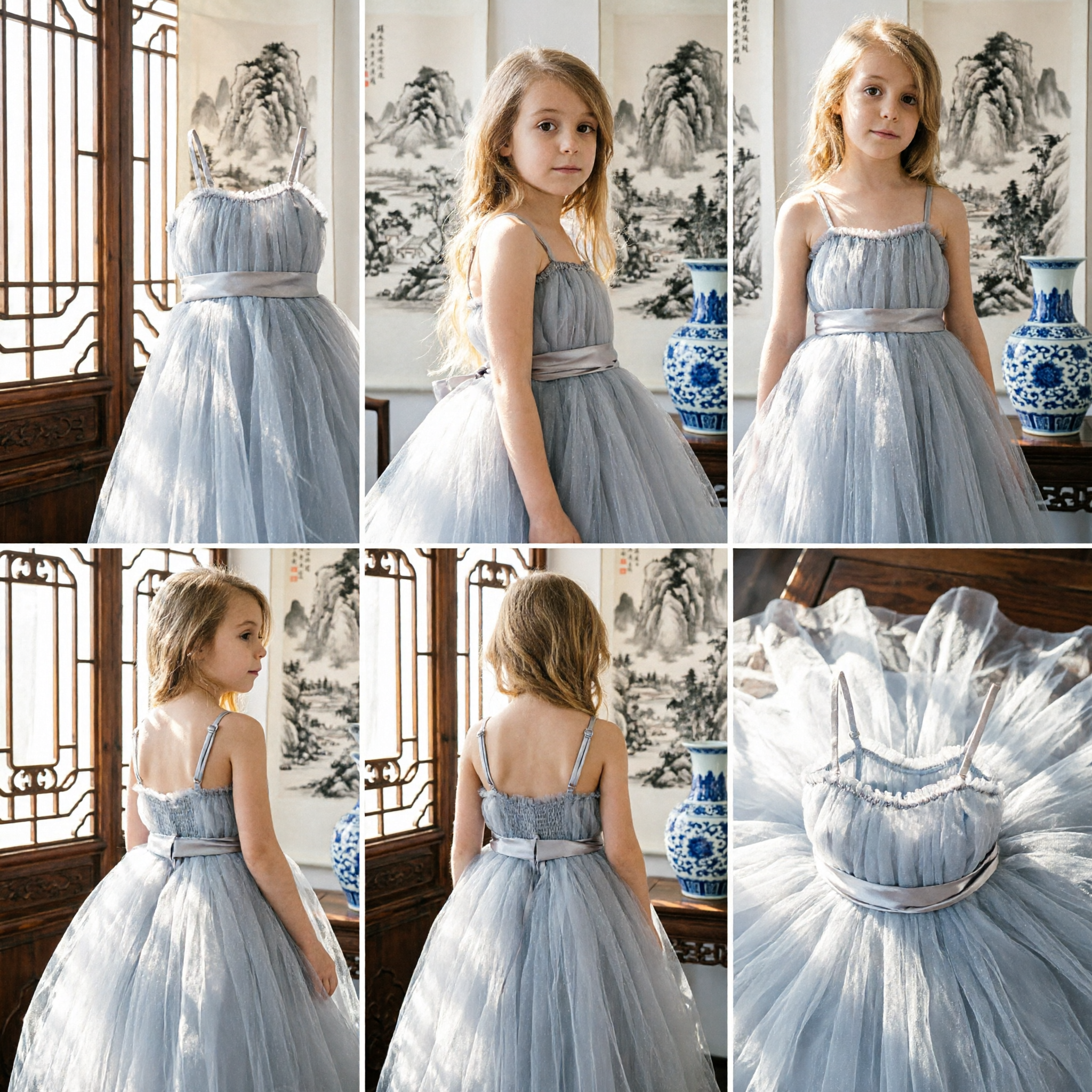 Elegant Girls Silver Grey Tulle Ballgown Formal Dress for Flower Girl Wedding Party Pageant