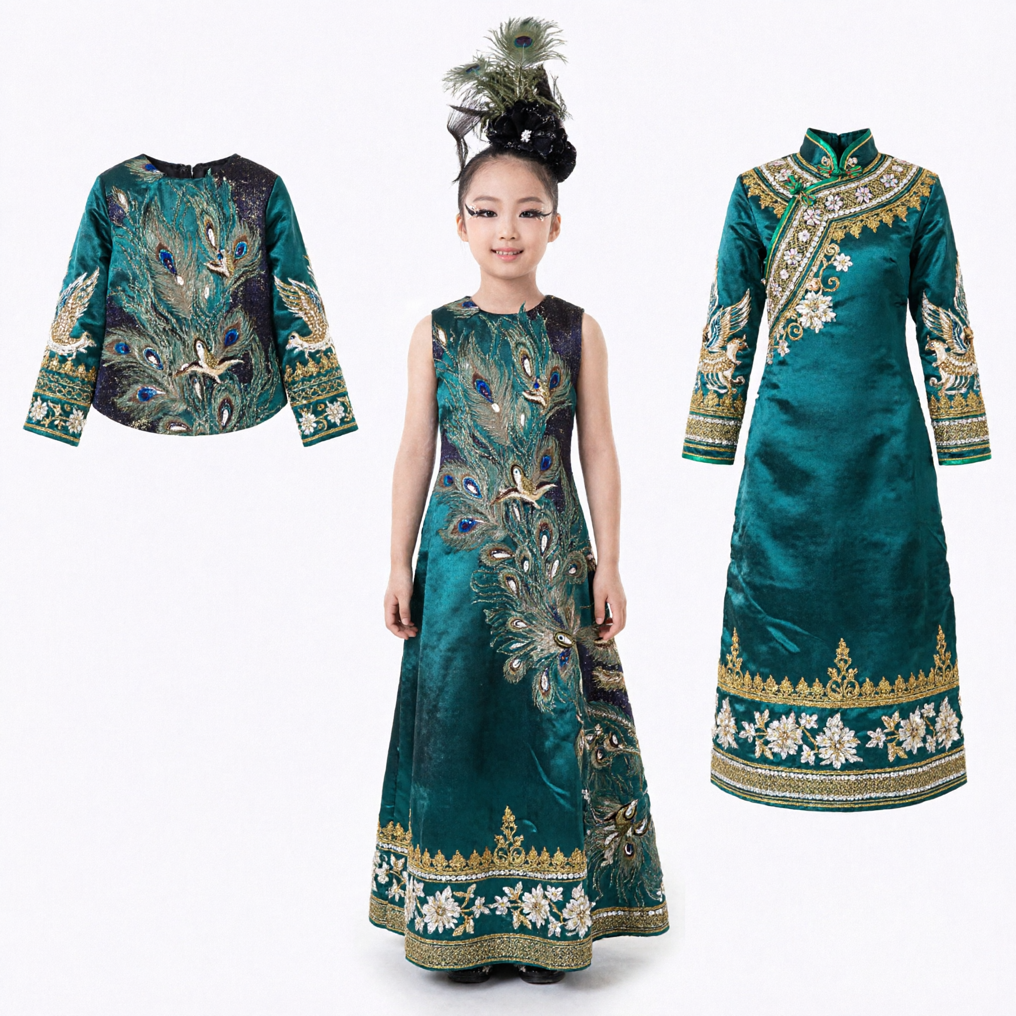 Girls Peacock Dance Costume Traditional Chinese Stage Performance Dress Kids Folk Dance Wear with Headpiece