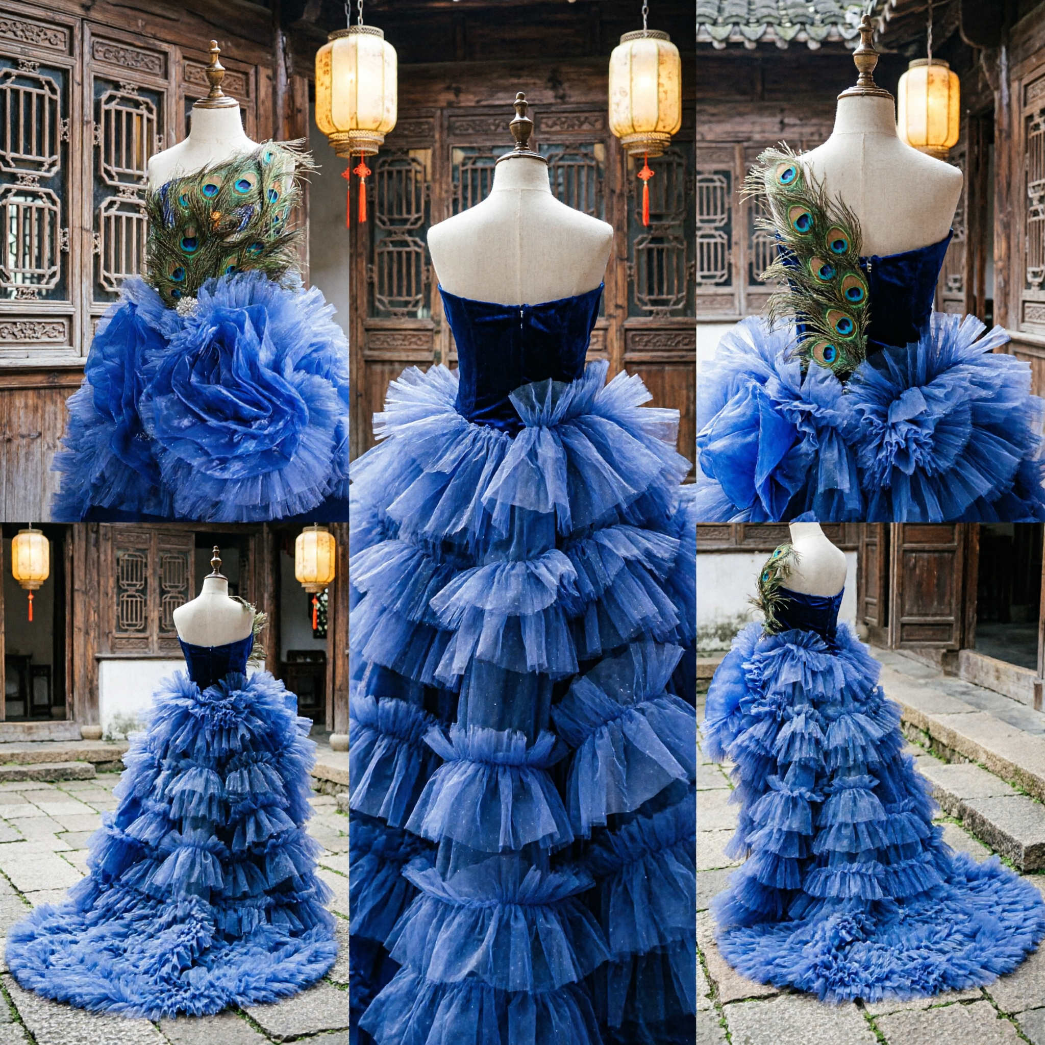 Women's Royal Blue Peacock Feather Dress Stage Performance Costume Traditional Dance Gown with Voluminous Ruffled Skirt