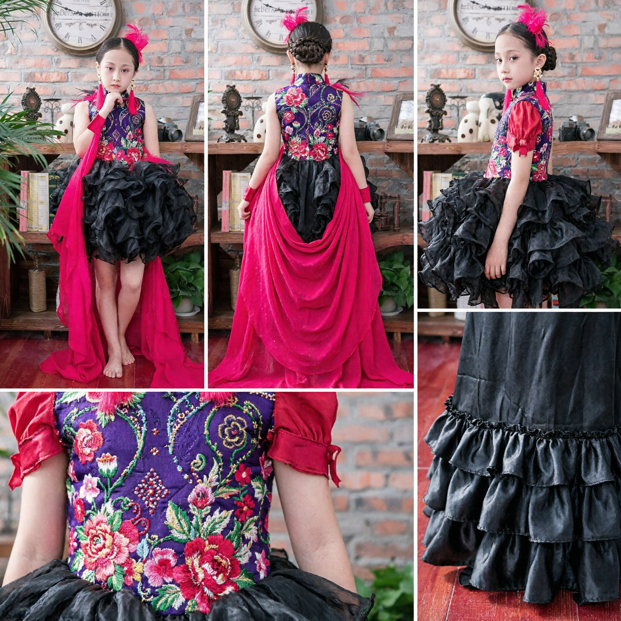 Kids Girls Chinese Traditional Folk Dance Costume Purple Floral Embroidered Top Black Ruffle Skirt Performance Dress