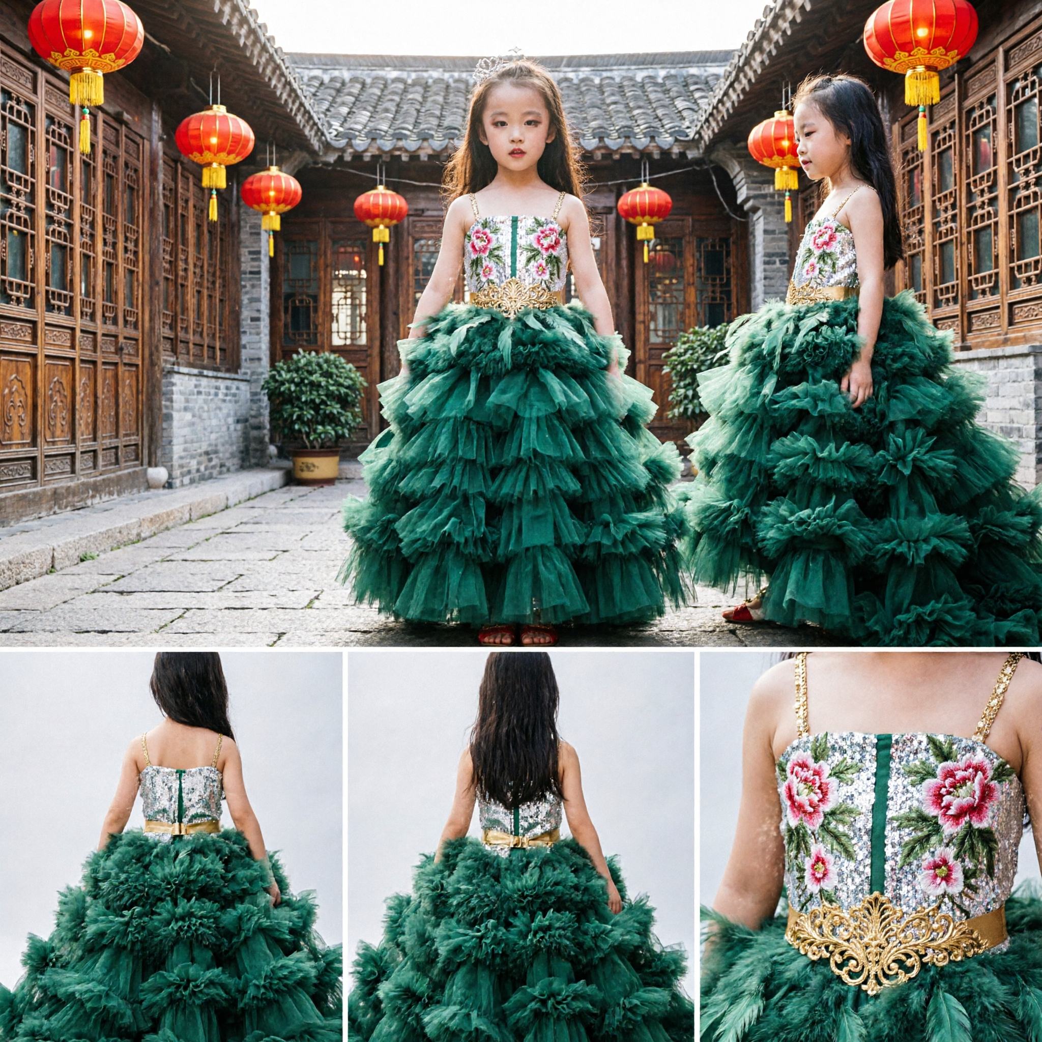 Girls Green Sequin Pageant Dress Ruffled Skirt Stage Performance Costume for Kids Dance Recital