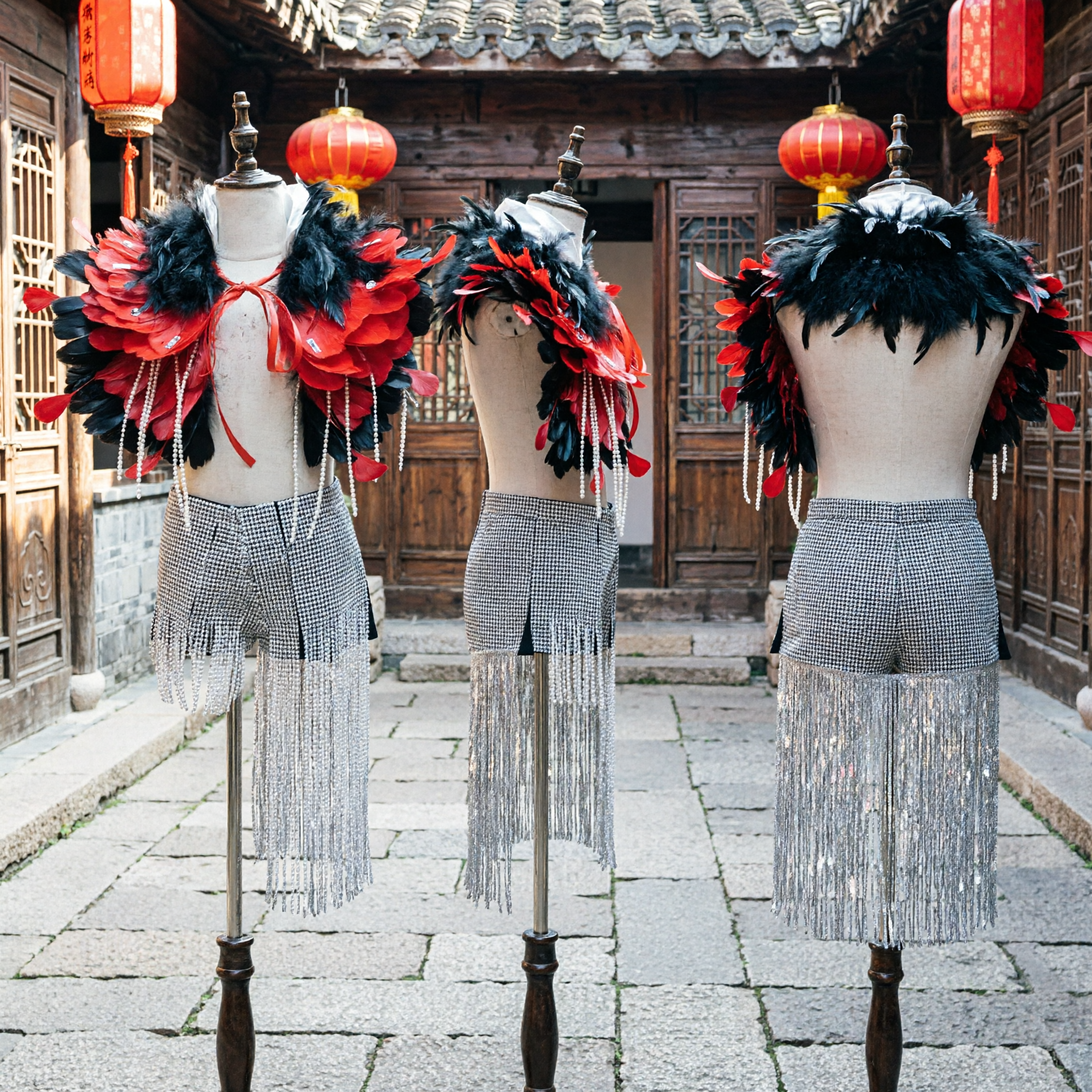 Elaborate Red and Black Feather Shoulder Collar with Silver Rhinestone Fringe Belt for Women's Stage Dance Performance