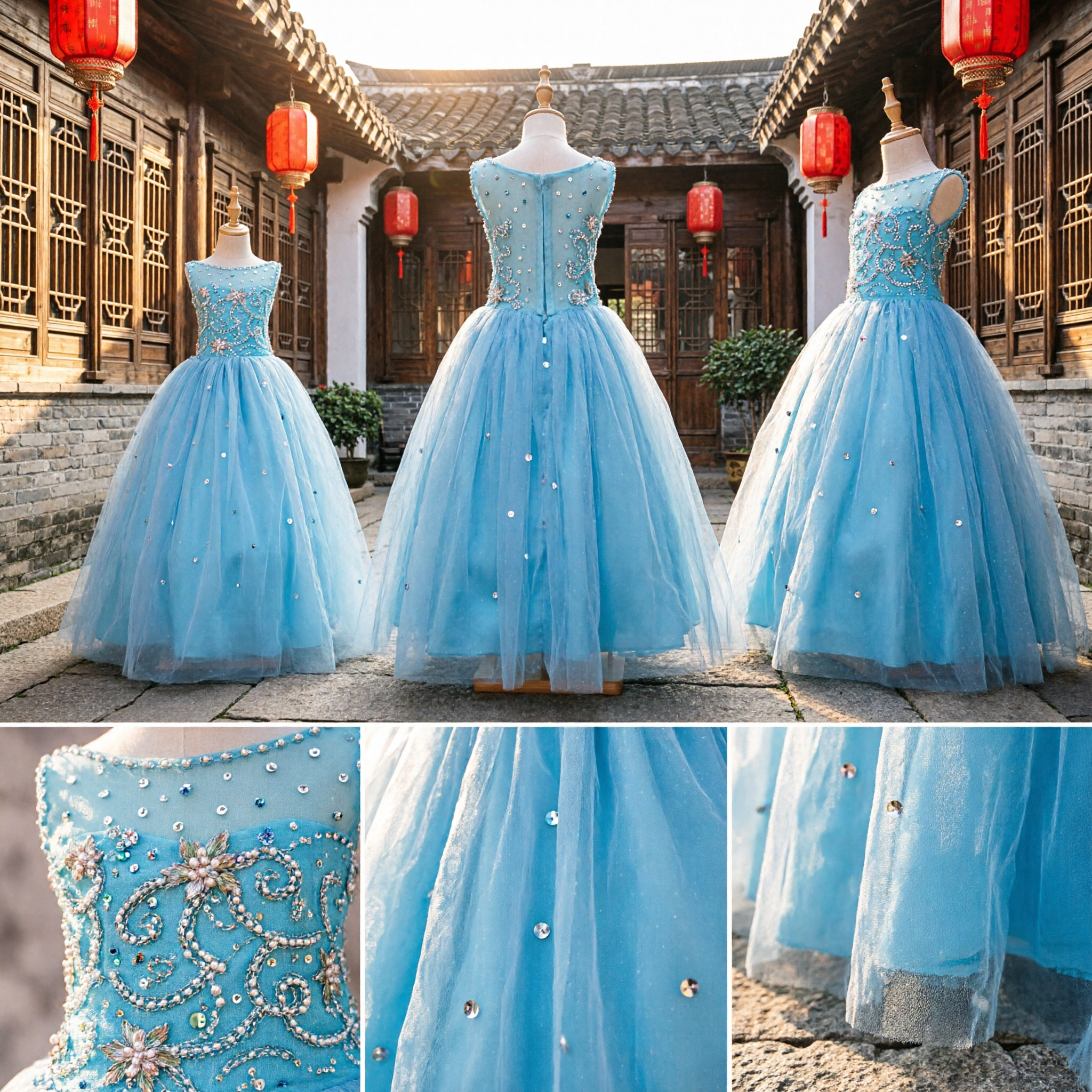 Elegant Light Blue Sequined Tulle Ball Gown Formal Dress for Girls Flower Girl Pageant Party Wear