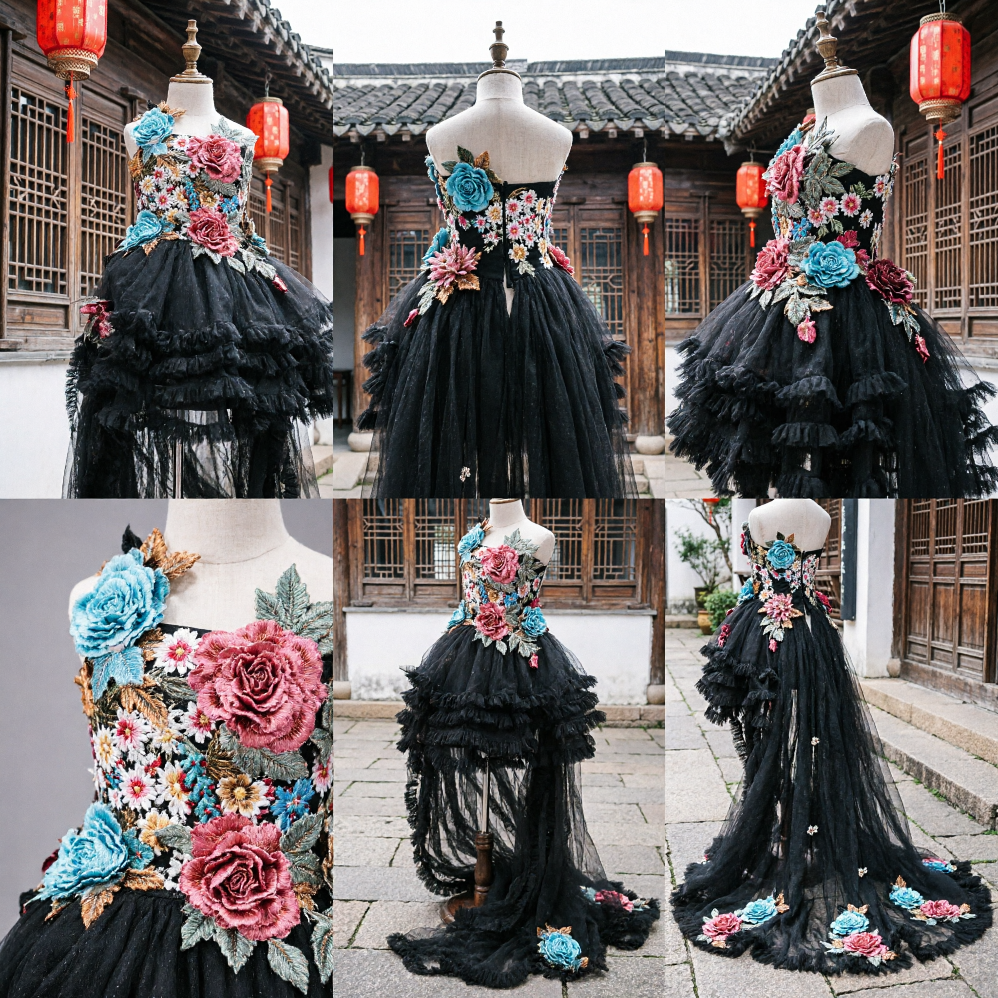 Black Floral Embroidered Halter Gown with Tiered Ruffled Skirt for Stage Performance and Dance Costume