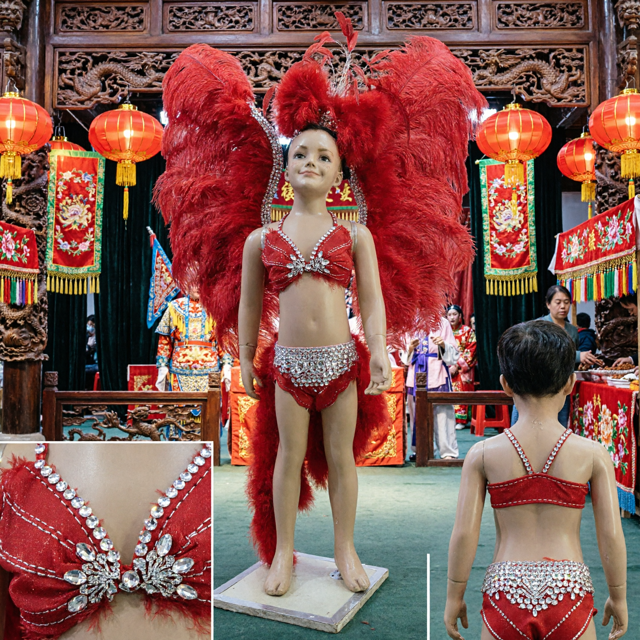 Kids Red Feather Samba Carnival Costume Wings Headpiece Bikini Set for Stage Dance Performance