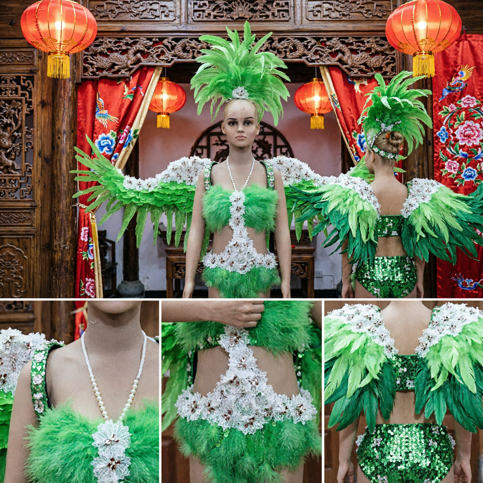 Women's Green Feather Carnival Samba Costume Set with Headdress and Wings for Rio Parade Performance
