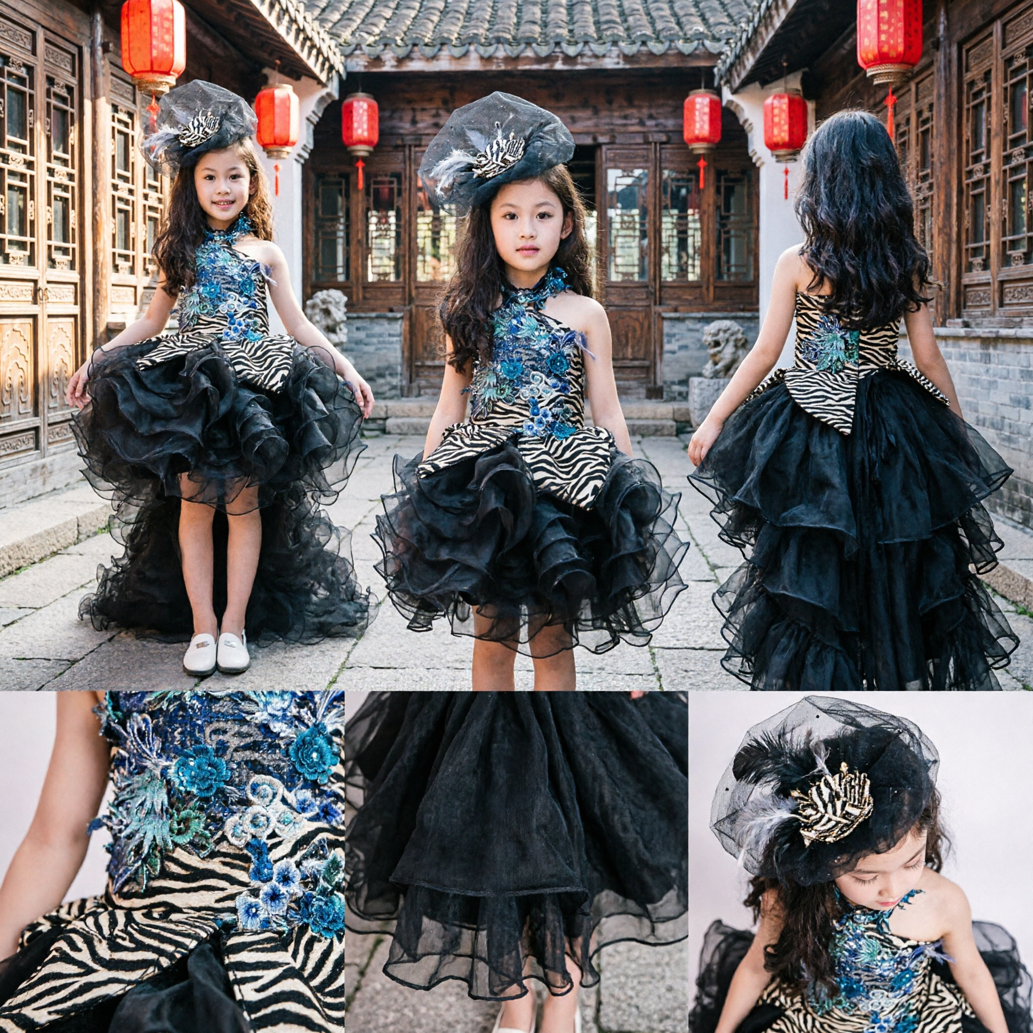 Elegant Girls Stage Performance Dress with Floral Sequin Bodice, Zebra Print Waist, and Black Ruffle Tulle Skirt