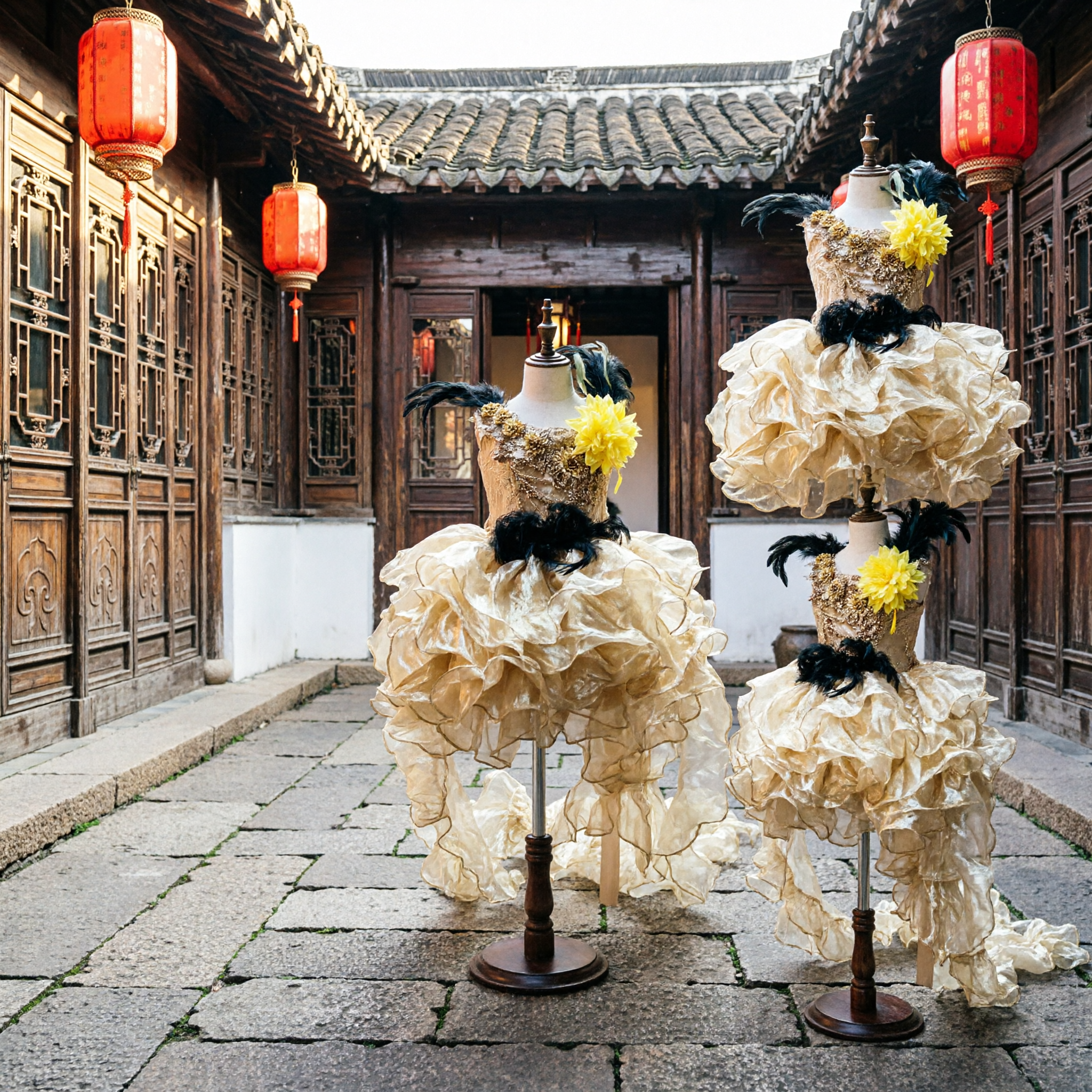 Girls Gold Latin Dance Dress Sequin Ballroom Stage Costume with Feathers and Ruffled Skirt