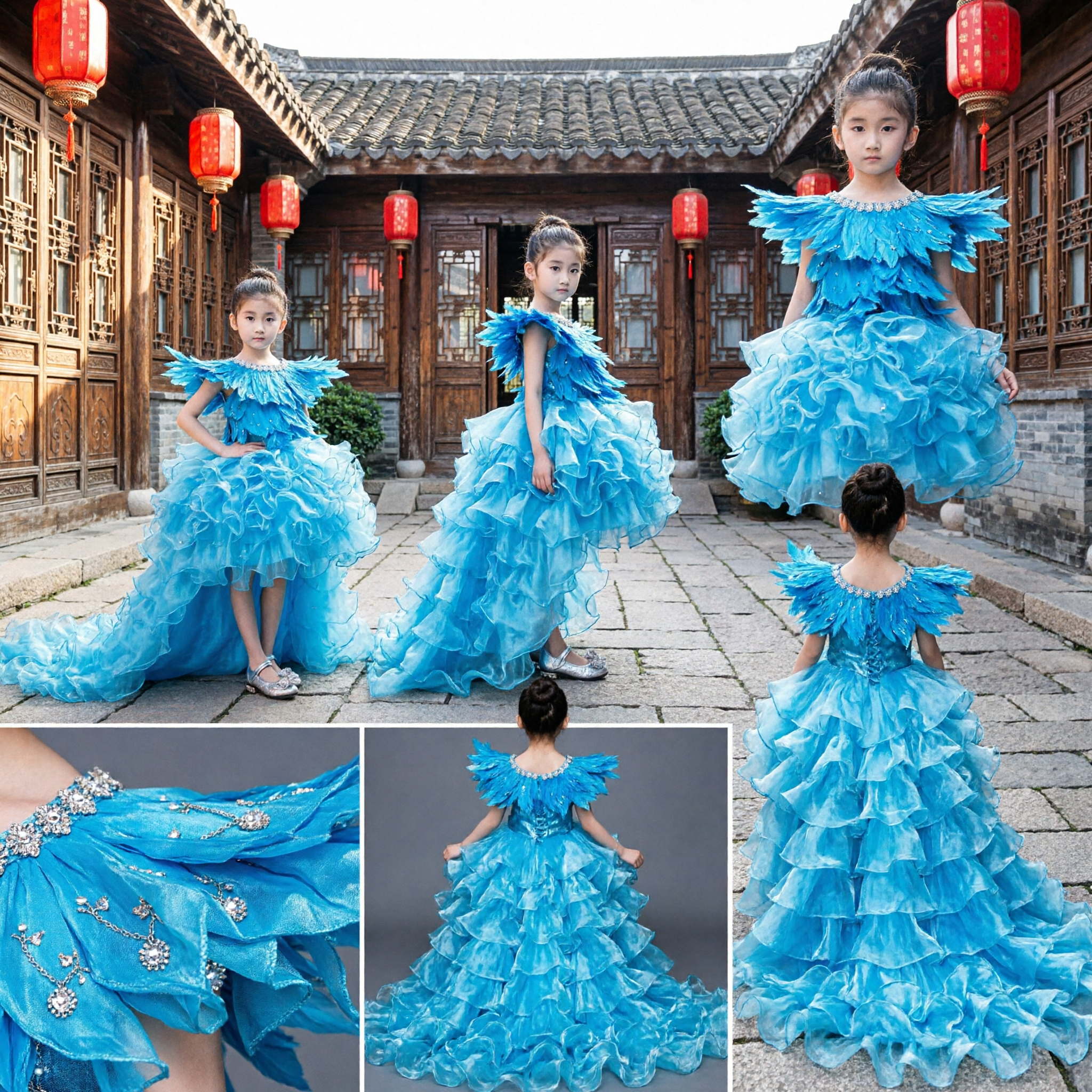 Girls Blue Peacock Feather Stage Performance Dress Kids Formal Ball Gown for Dance Competition