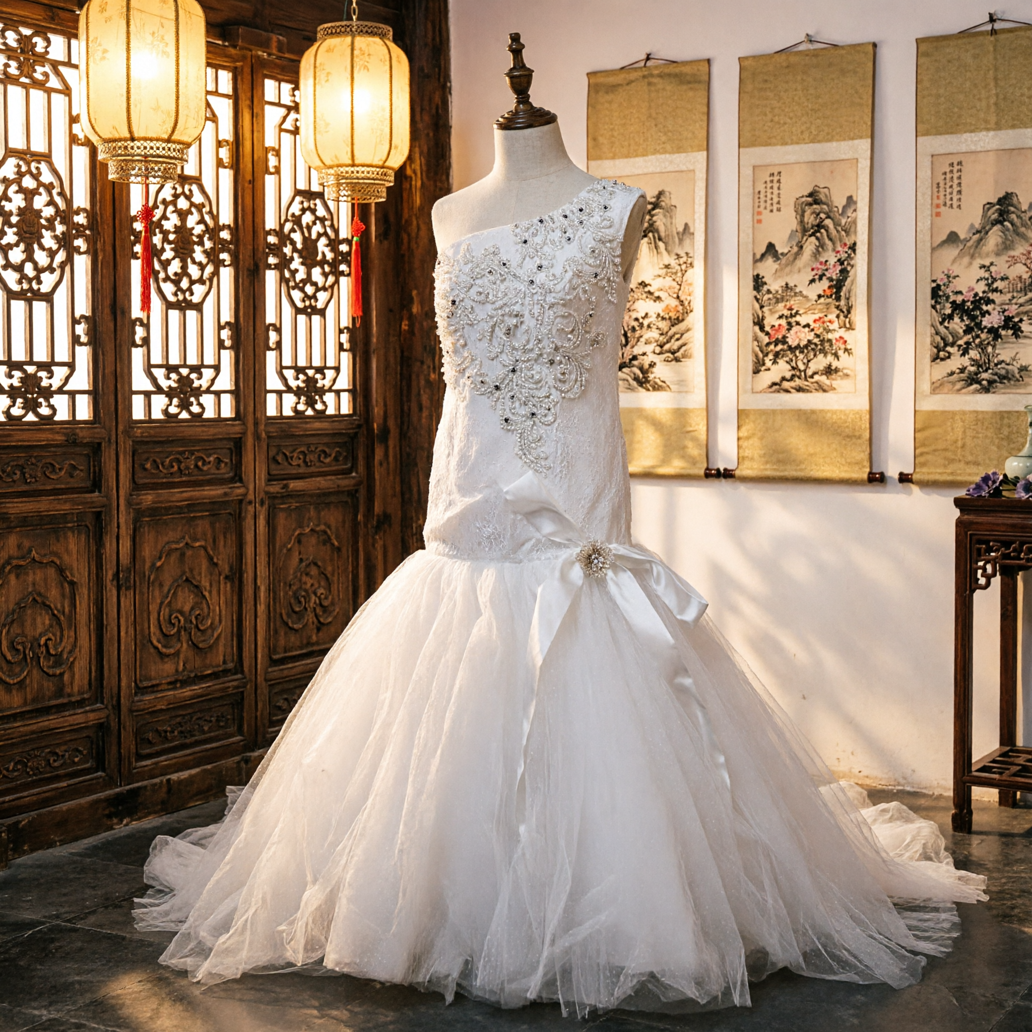 Elegant One-Shoulder White Bridal Gown with Beaded Bodice and Tulle Mermaid Skirt for Wedding