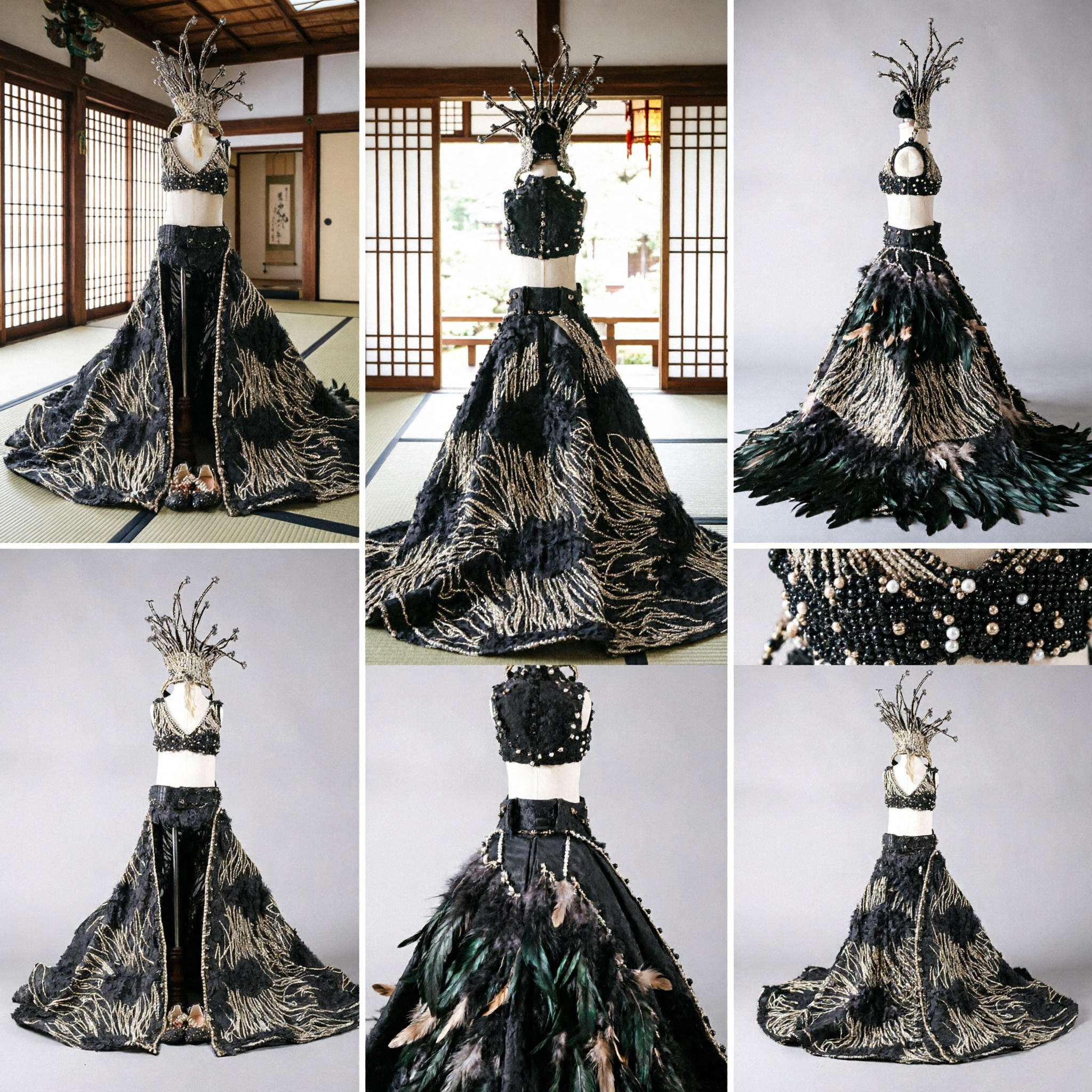 Women's Black Sequin Carnival Showgirl Costume with Elaborate Headdress for Professional Stage Dance Performance