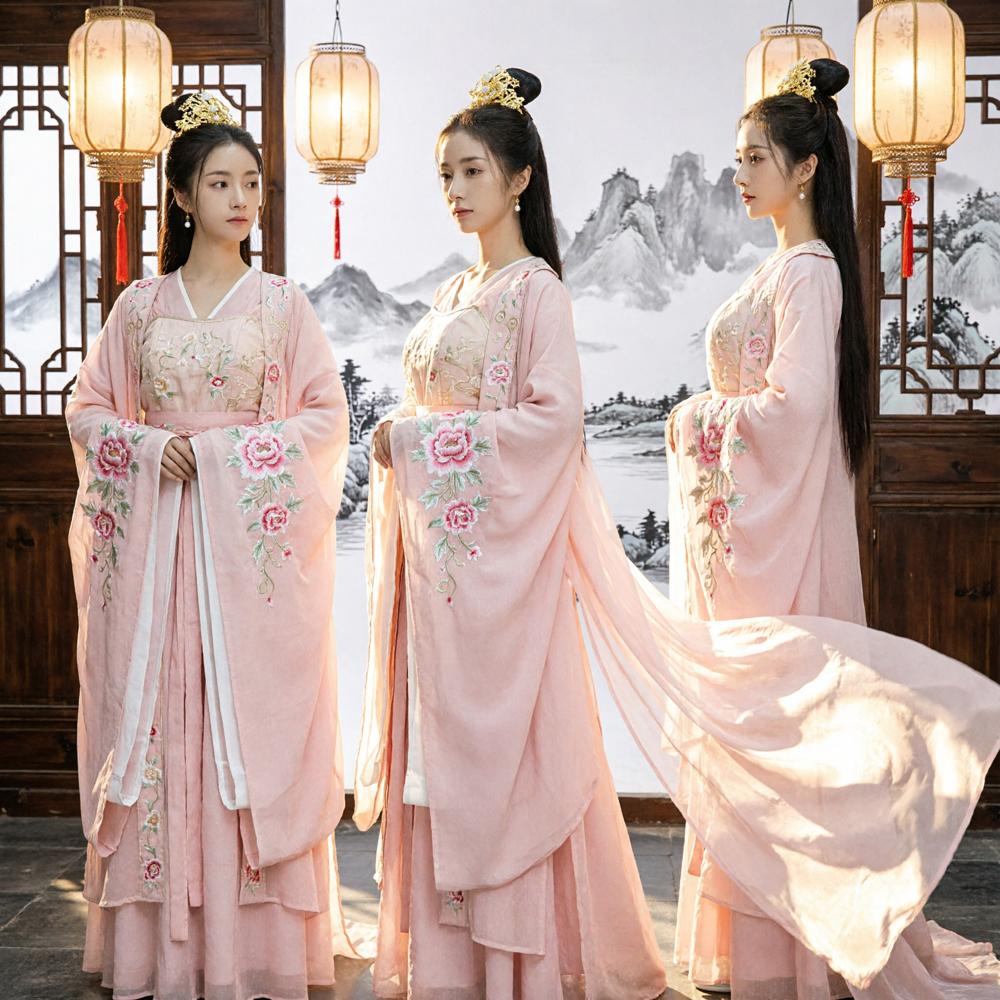 Women's Pink Traditional Chinese Hanfu Costume Ancient Tang Dynasty Princess Dress for Cosplay and Photography