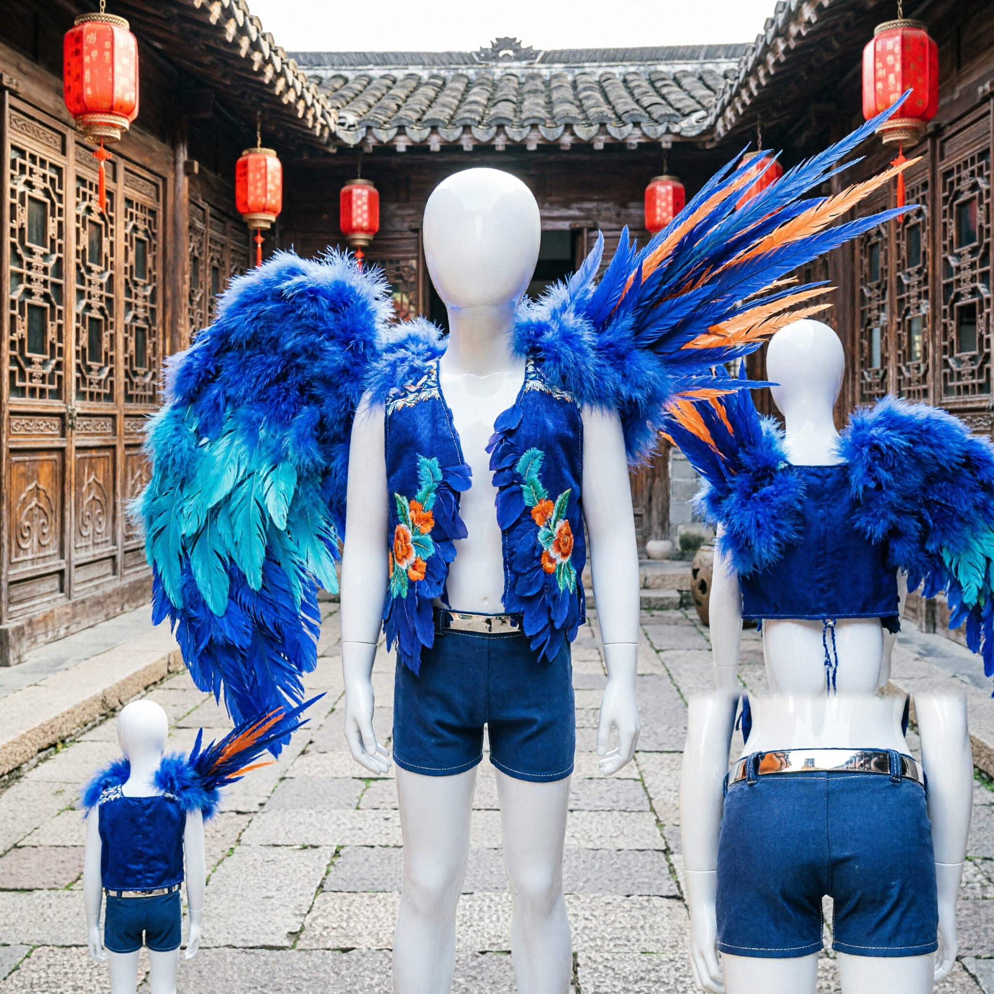 Vibrant Blue Feather Wings Carnival Samba Costume Set with Sequined Vest and Shorts for Stage Performance