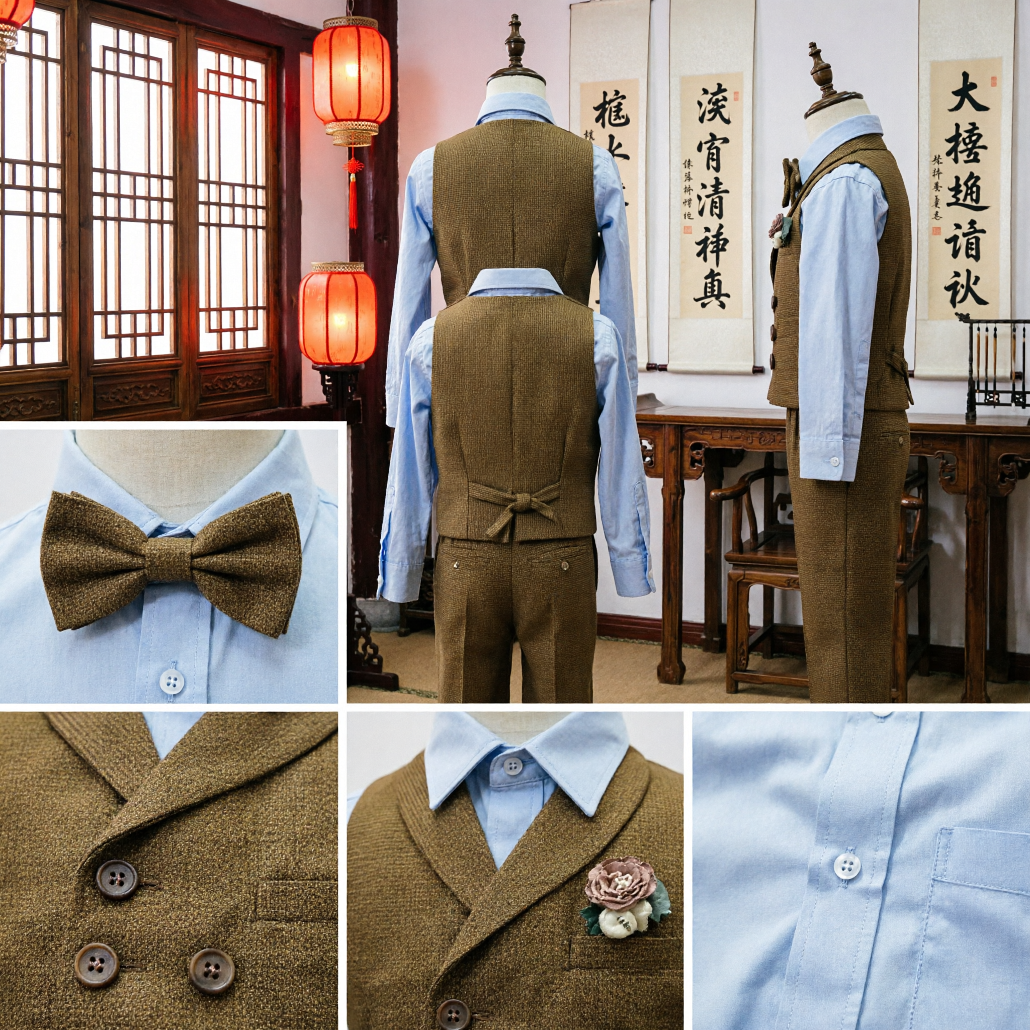 Boys Classic Brown Double-Breasted Vest Suit Set with Bow Tie for Wedding Ring Bearer Parties