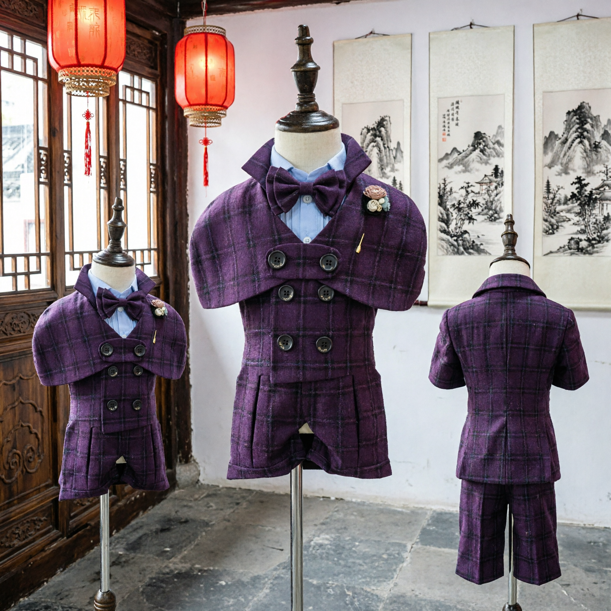 Purple Plaid Baby Boy Formal Tuxedo Suit Set with Bow Tie for Wedding Party Gentleman Outfit