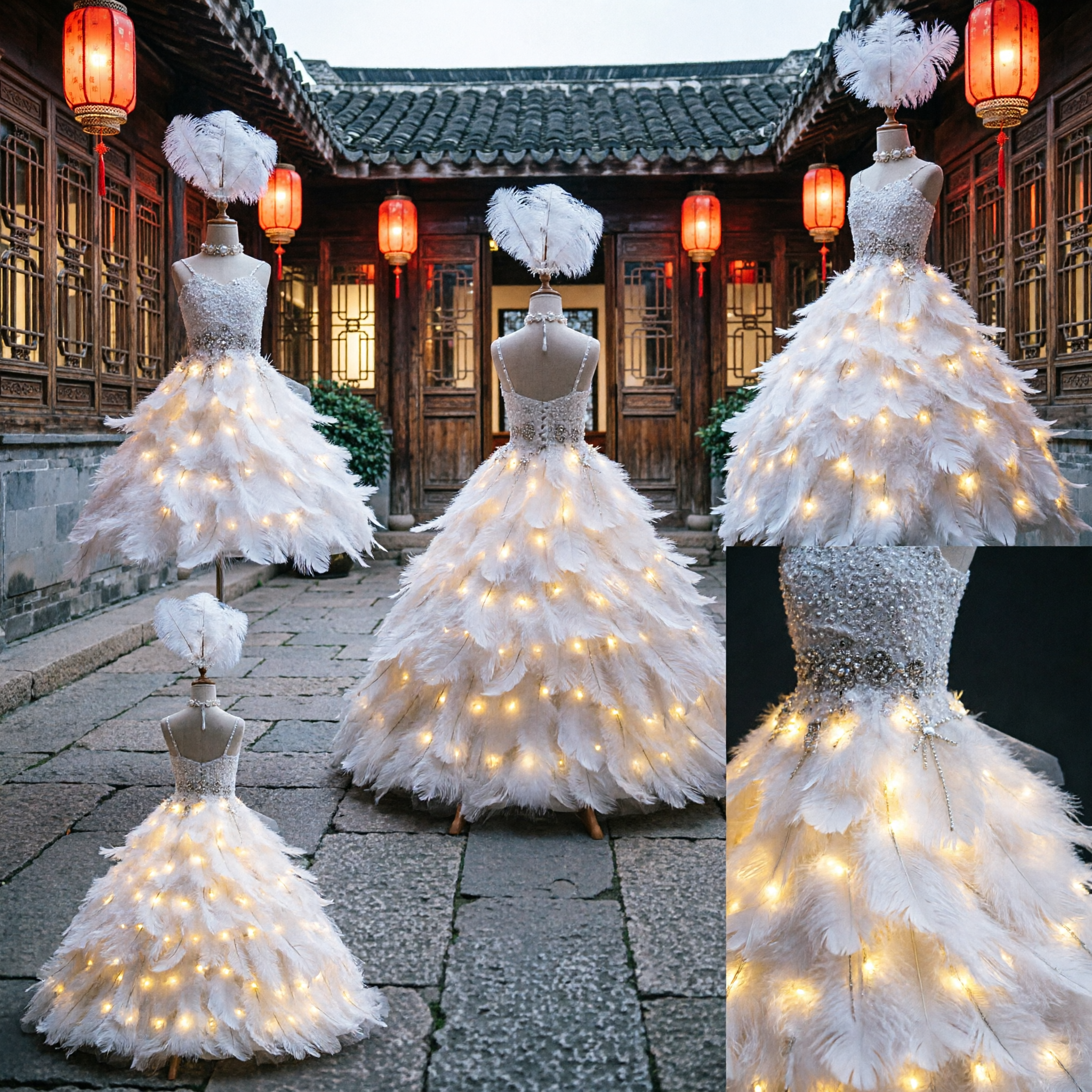 Women's White Feather LED Light-Up Ballgown Stage Performance Costume for Dance and Gala Events