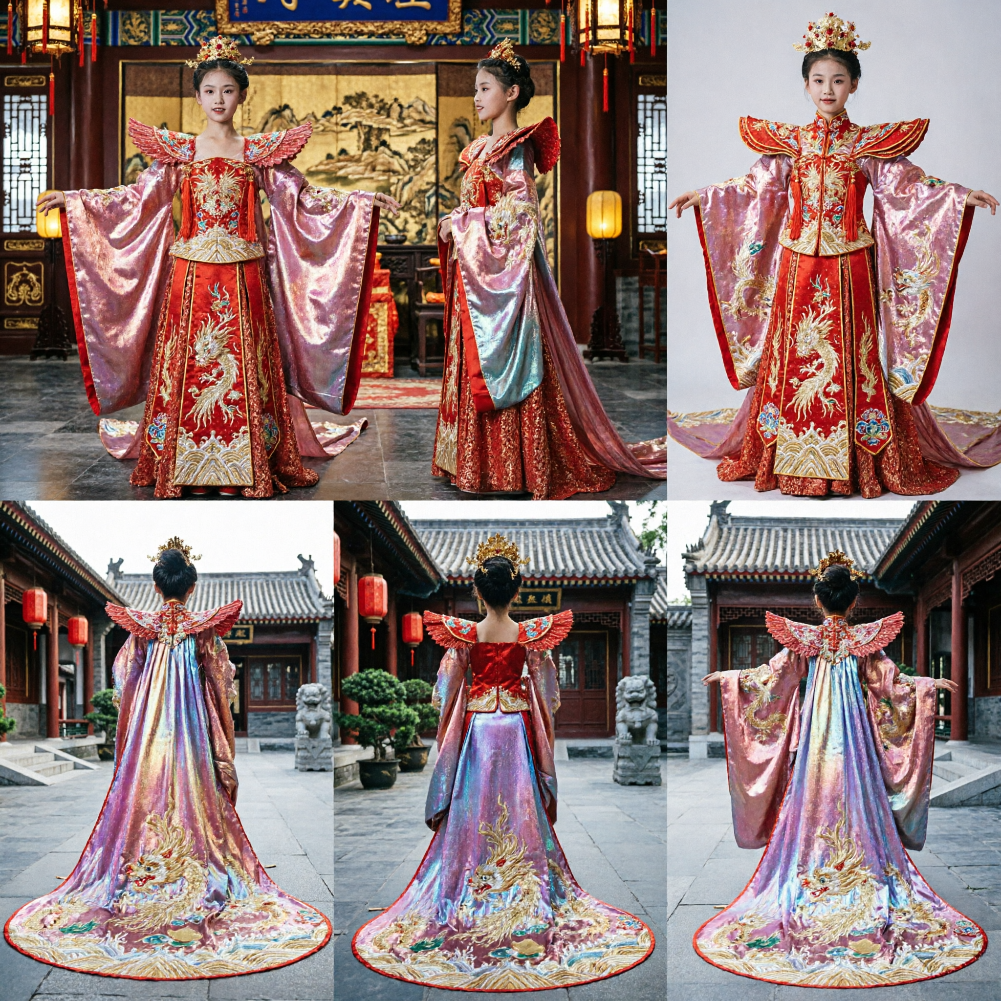 Kids Girls Red Sequin Pageant Gown with Iridescent Butterfly Wings for Stage Dance Performance