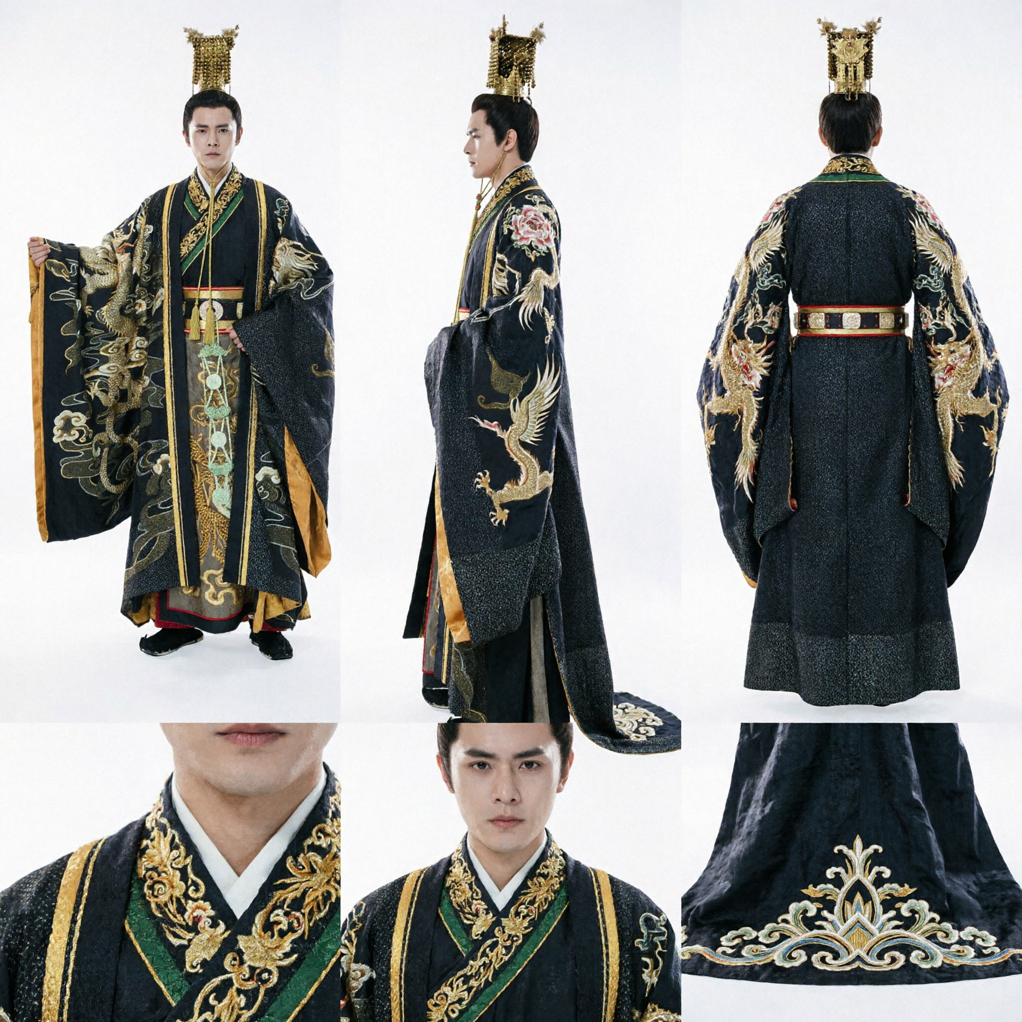 Men's Ancient Chinese Emperor Hanfu Costume Black Dragon Robe Traditional Historical Dress for Cosplay