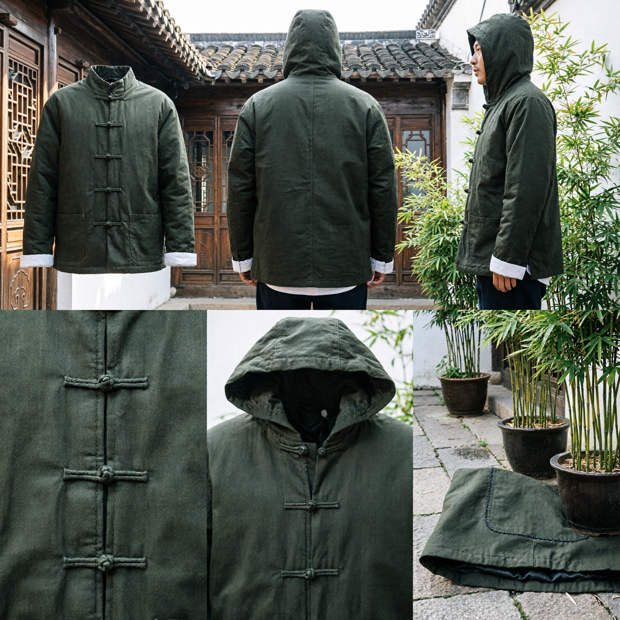 Men's Traditional Chinese Green Cotton Jacket Hooded Tang Suit Winter Kung Fu Martial Arts Coat