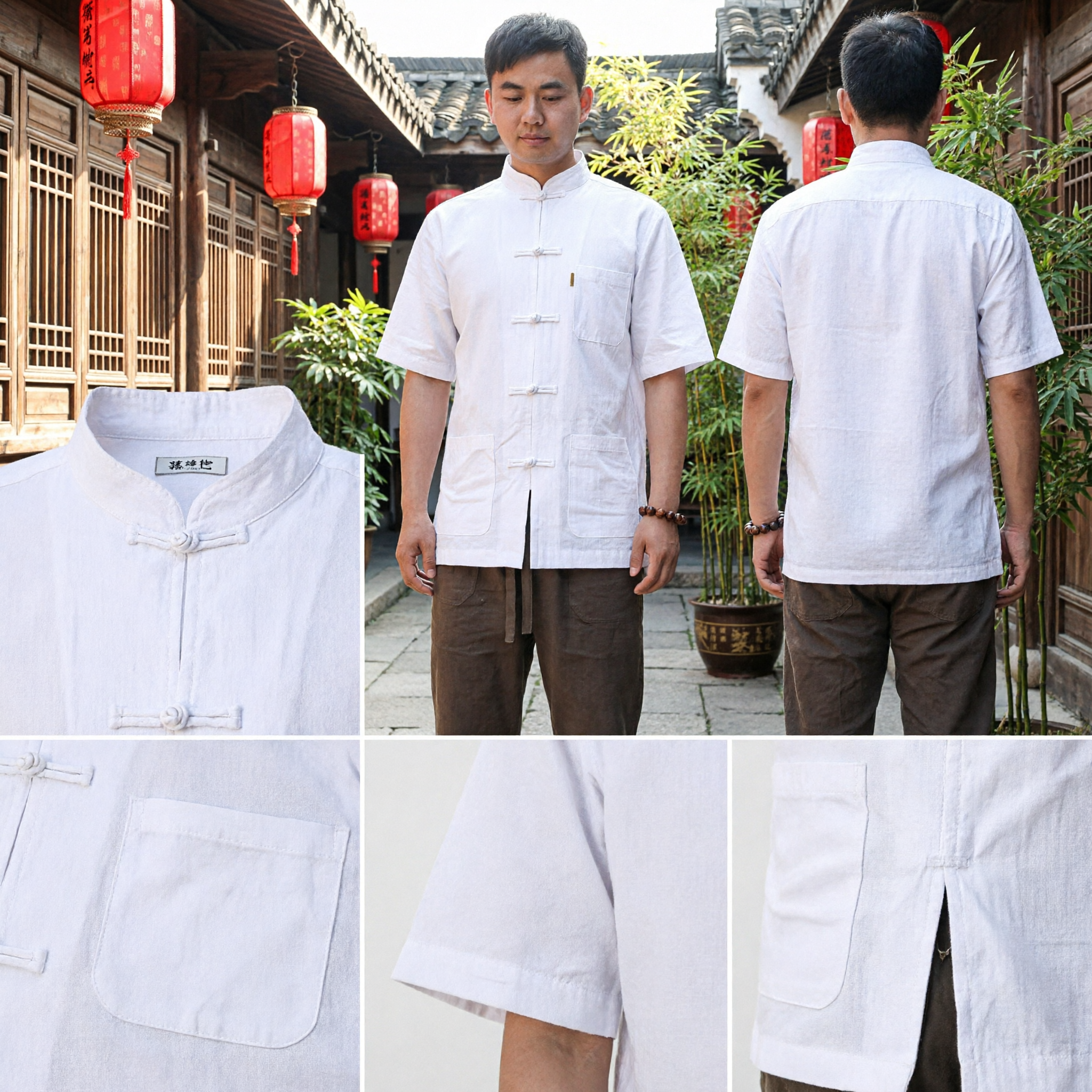 Men's Traditional Chinese Tang Suit Short Sleeve Linen Shirt Casual Kung Fu Tai Chi Top