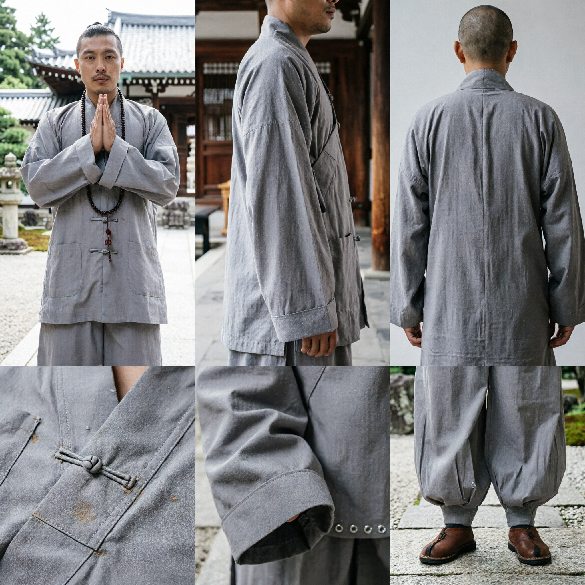 Traditional Chinese Grey Kung Fu Suit Men's Tai Chi Uniform Buddhist Monk Robe for Martial Arts