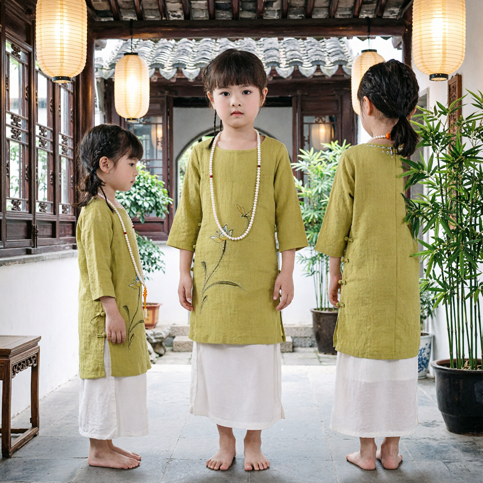 Kids Girls Traditional Chinese Zen Linen Dress Long Sleeve Floral Embroidery Tea Ceremony Performance Costume